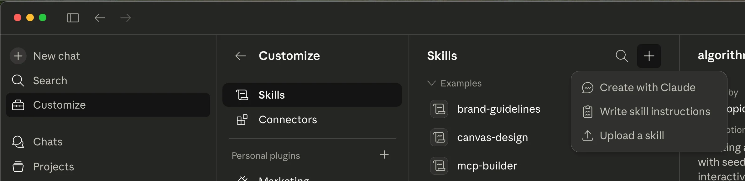 Claude Desktop Customize panel showing Skills section with the + button to upload a skill