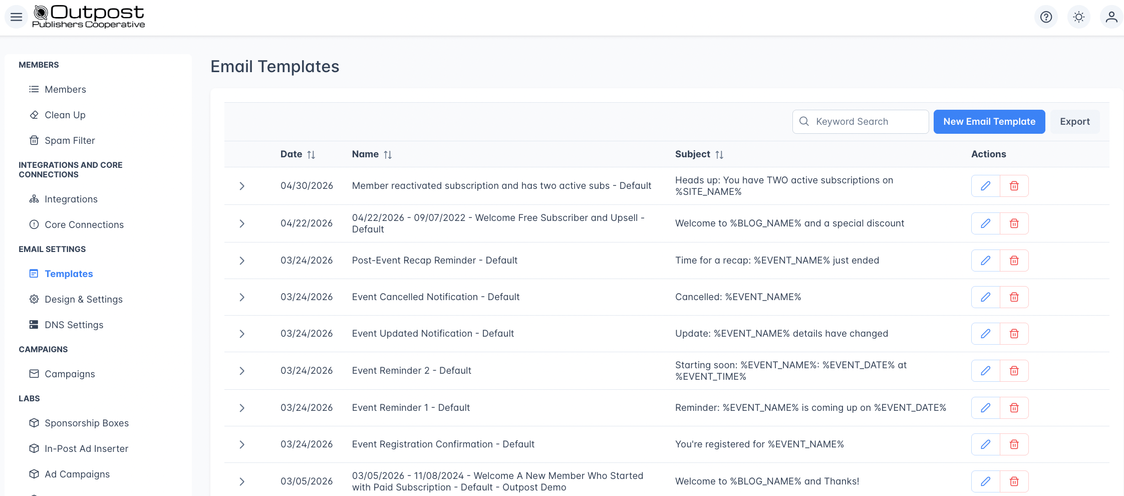 Email Template Menu