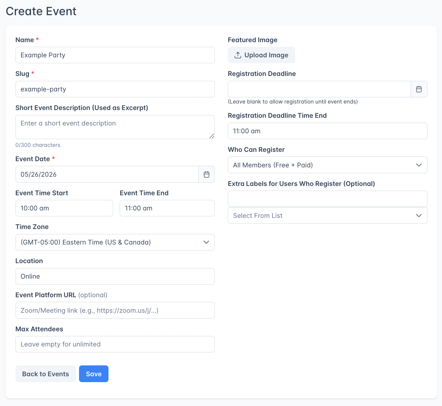 Screenshot of Events Beta entry