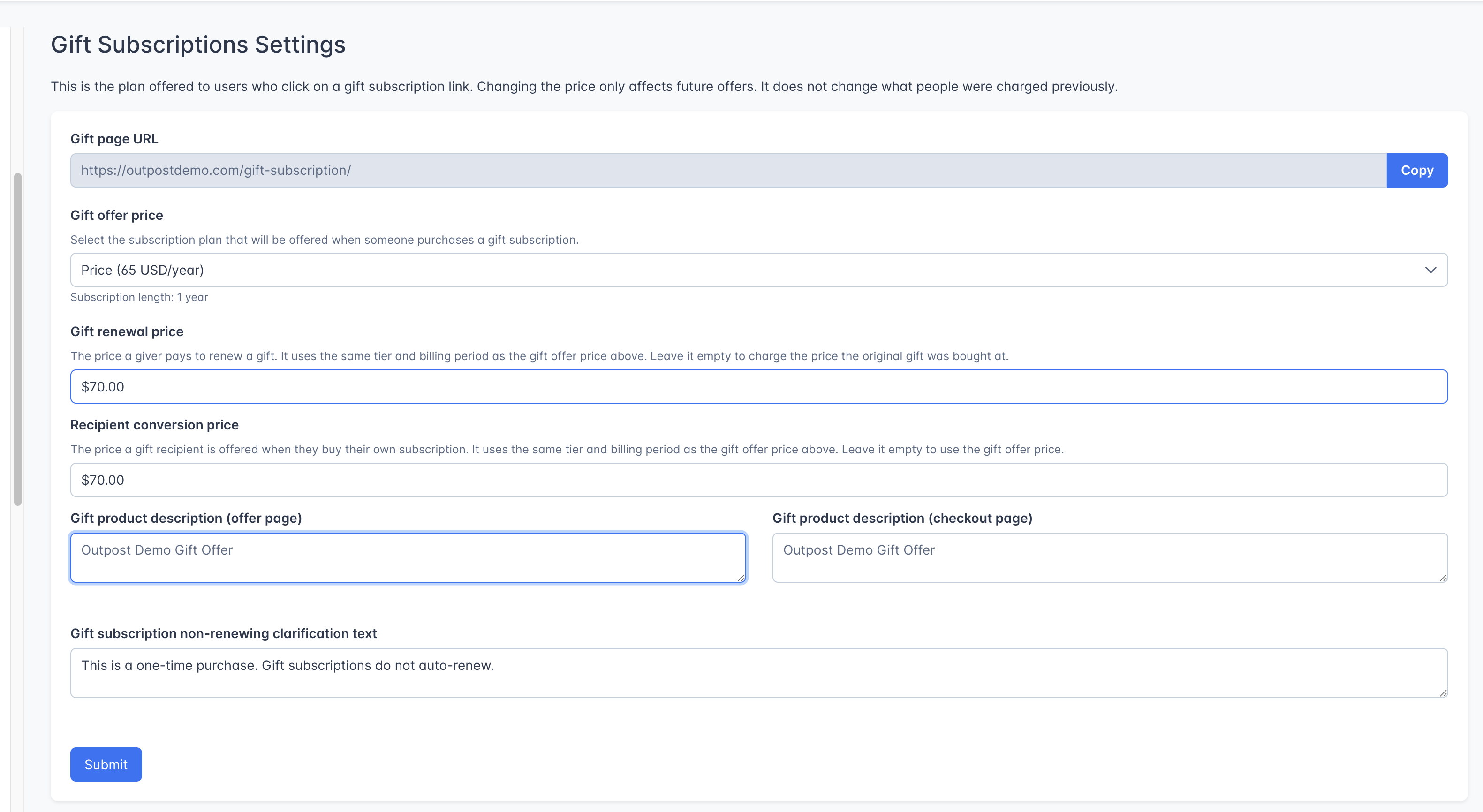 An earlier view of the Gift Subscriptions settings page, showing the gift page URL, one gift plan field, and the gift product description fields