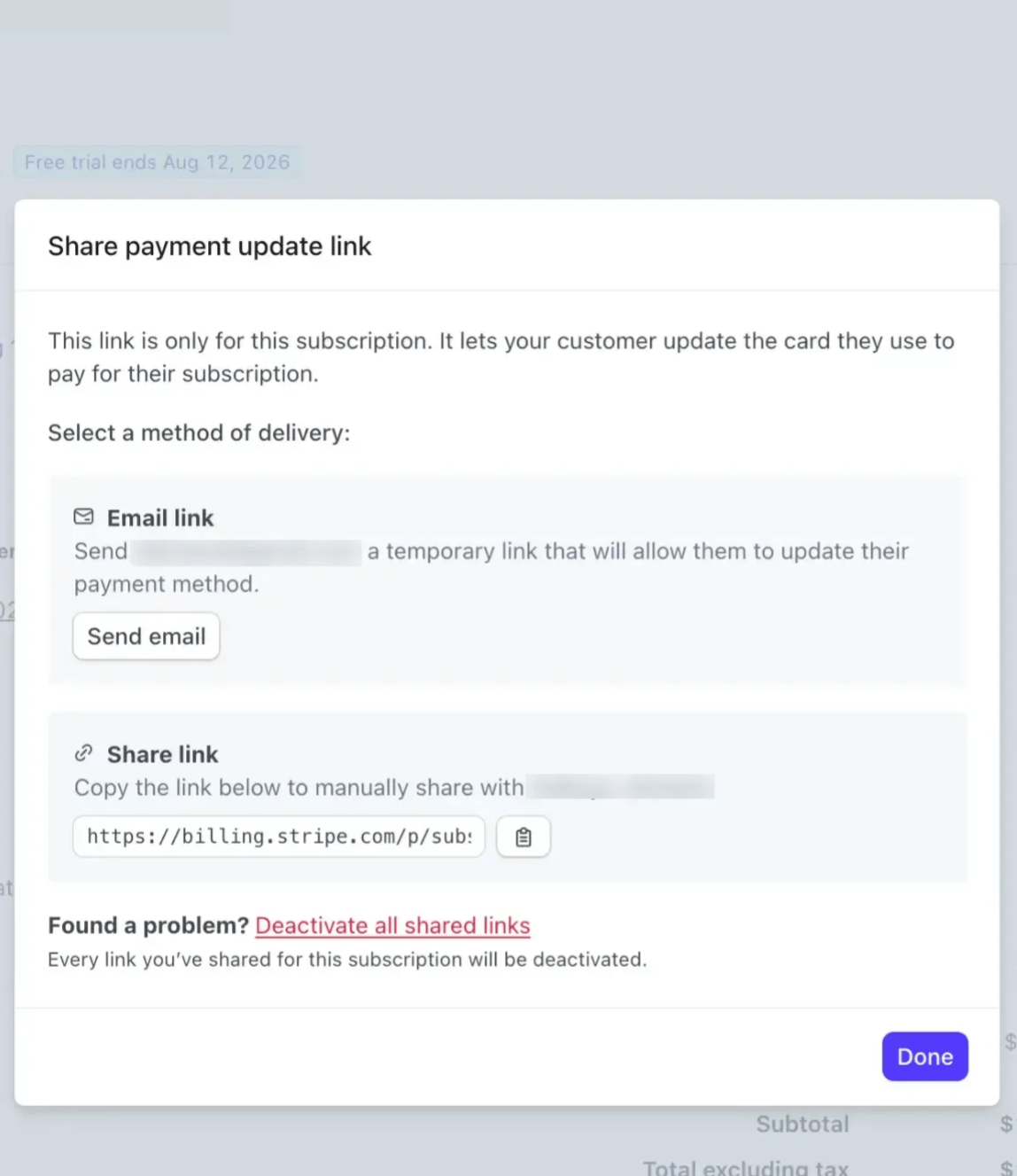 The Share payment update link panel in Stripe, with Email link and Share link options
