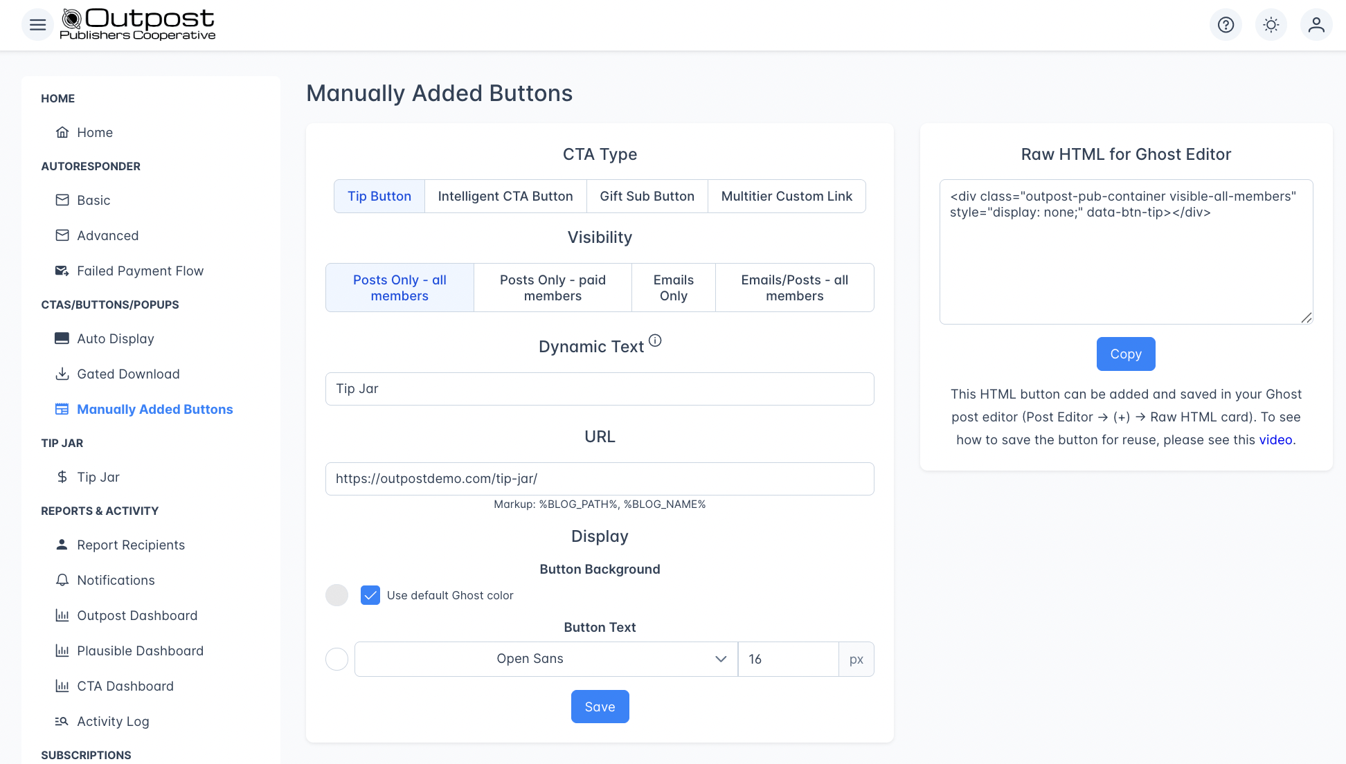 Manually Added Buttons page showing CTA type tabs, visibility tabs, text and URL fields, display settings, and the generated HTML code panel