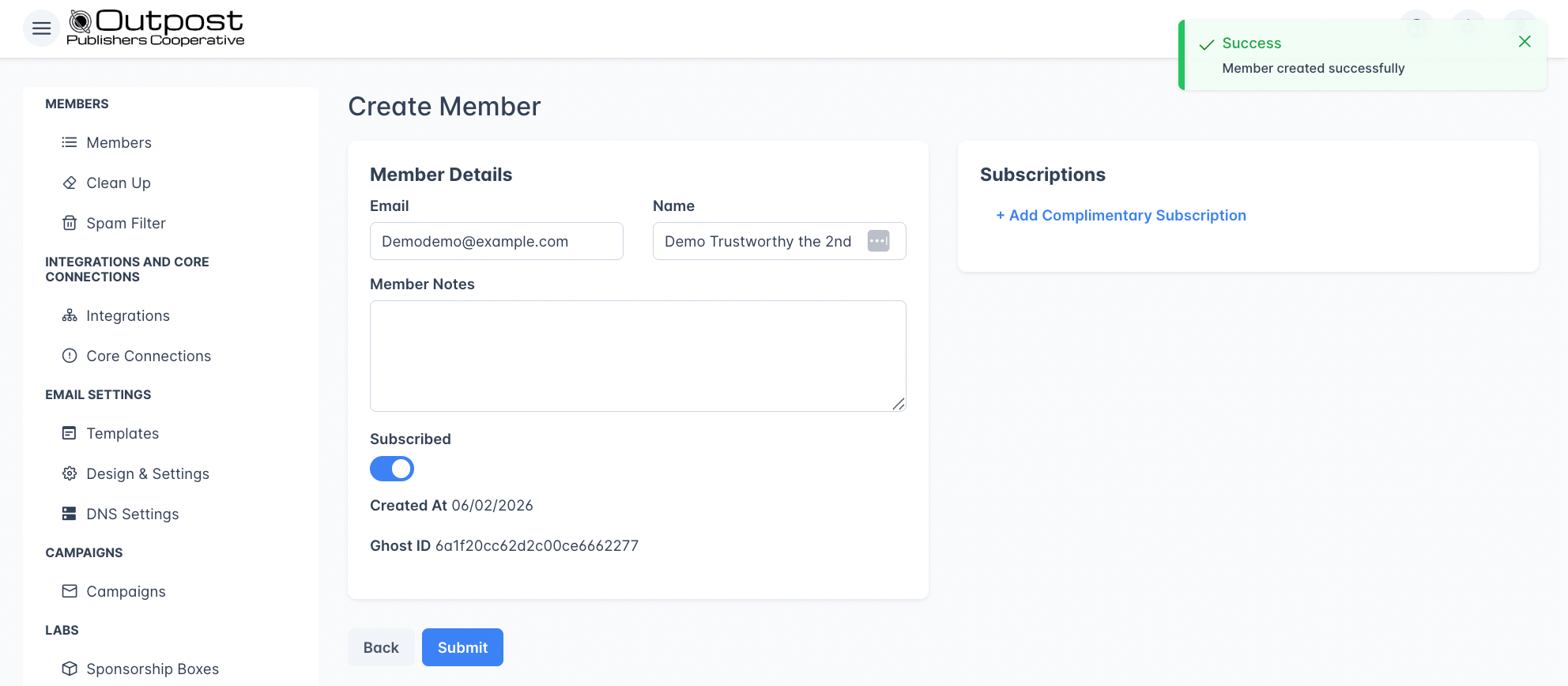 Member Creation Success