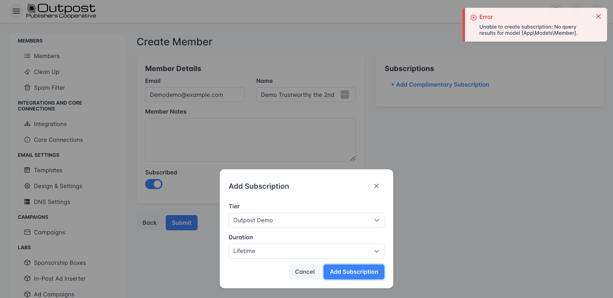 Member Error Message When Creating Subscription Without Saving New Member First