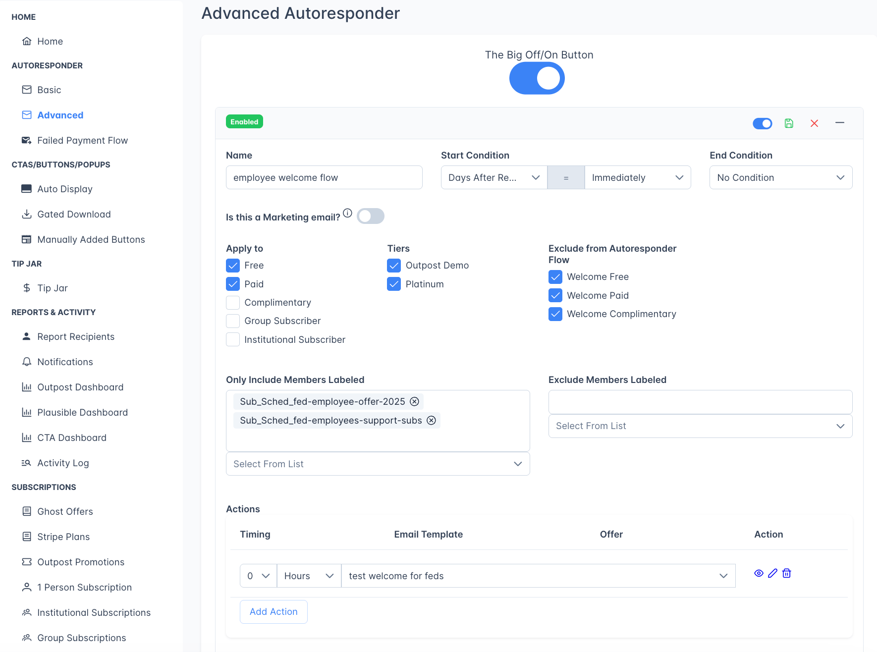 Advanced Autoresponder showing a custom flow with start condition, end condition, audience filters, and action steps