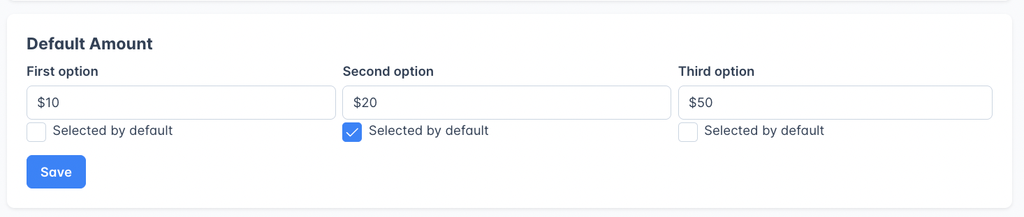 Default amount card showing donation amount fields with currency selector and default checkboxes