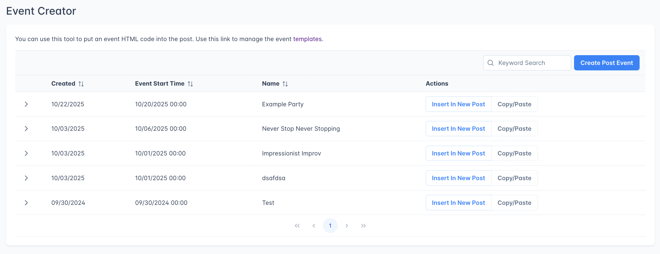 Events Creator Dash Beta