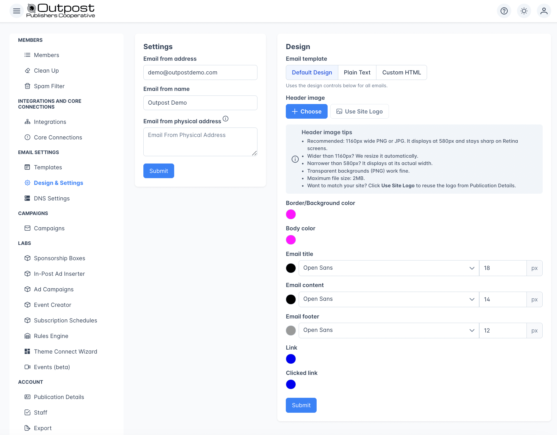 Email Design Settings Menu
