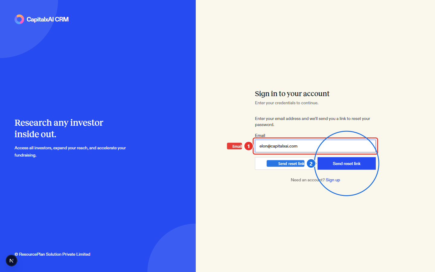 Reset request form with the email field and Send reset link button highlighted