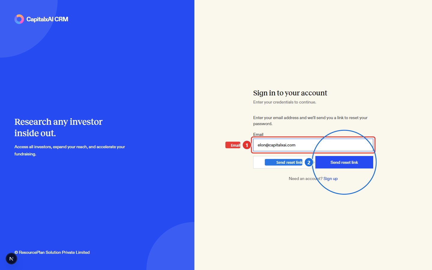 Reset request form with the email field and Send reset link button highlighted