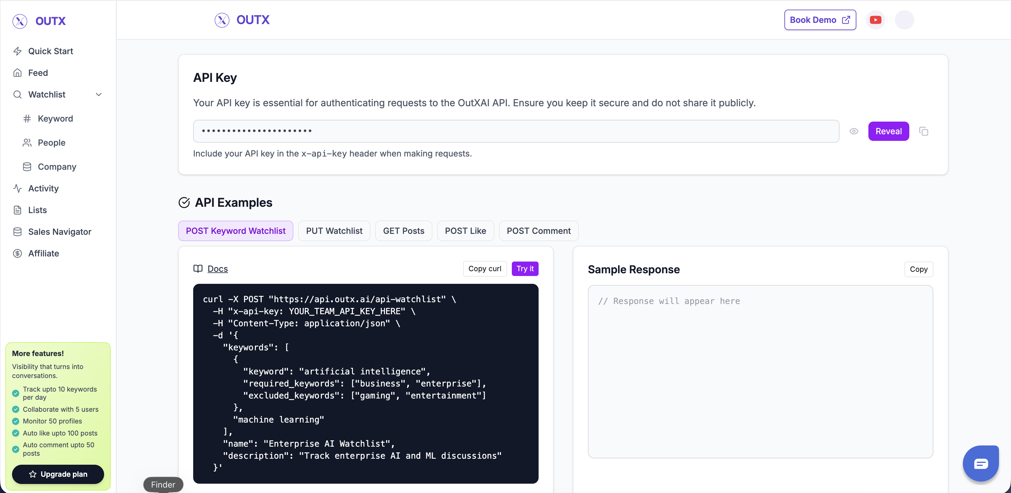 OutX dashboard showing where to reveal and copy your API key