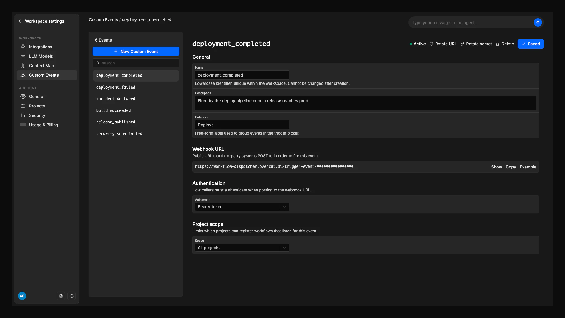 The Custom Event detail page for deployment_completed, with a masked webhook URL, Bearer token authentication, and an All projects scope.
