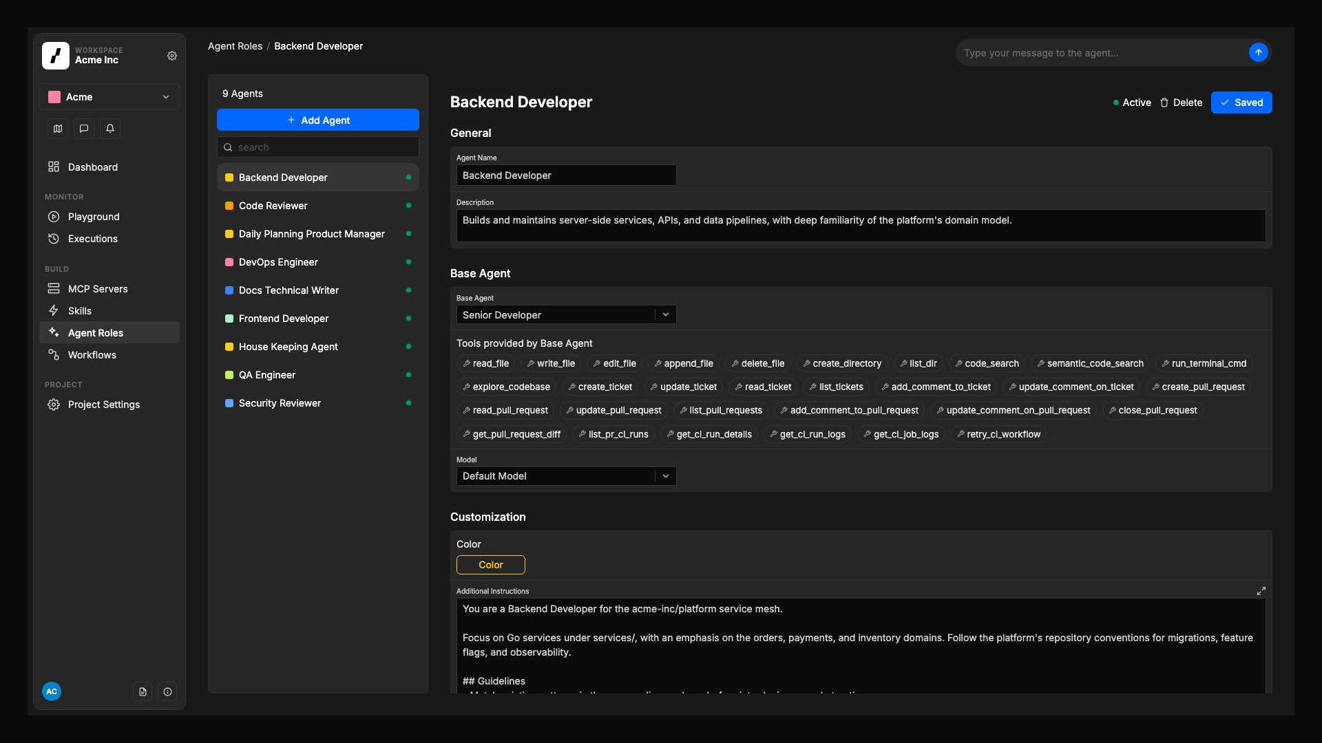 Backend Developer agent configured on the Senior Developer base type: the Base Agent selector, the default toolset rendered as chips, and the Additional Instructions used to specialize it.
