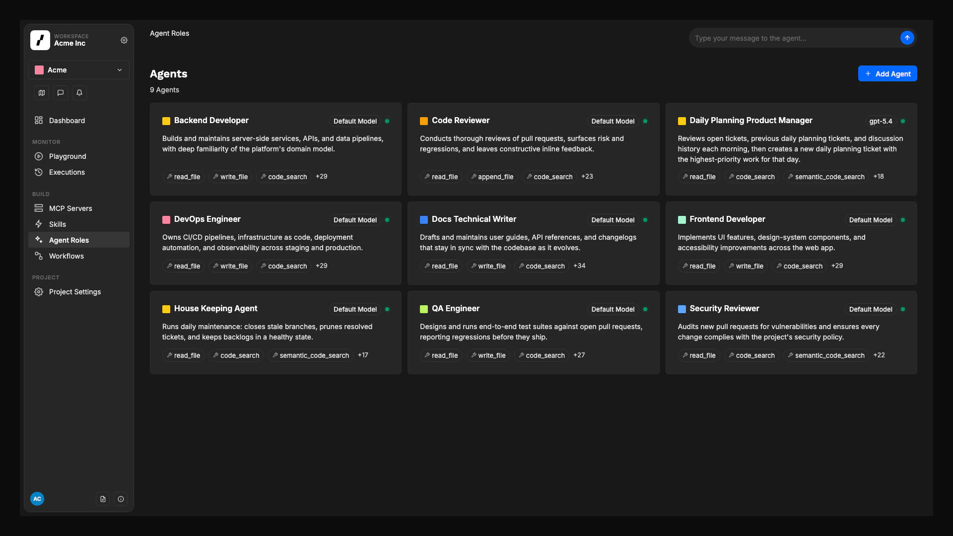 The Agent Roles page: a grid of nine project agents (Backend Developer, Code Reviewer, Daily Planning Product Manager, DevOps Engineer, Docs Technical Writer, Frontend Developer, House Keeping Agent, QA Engineer, Security Reviewer) each shown with its color tag, description, model, and a sample of its tools.
