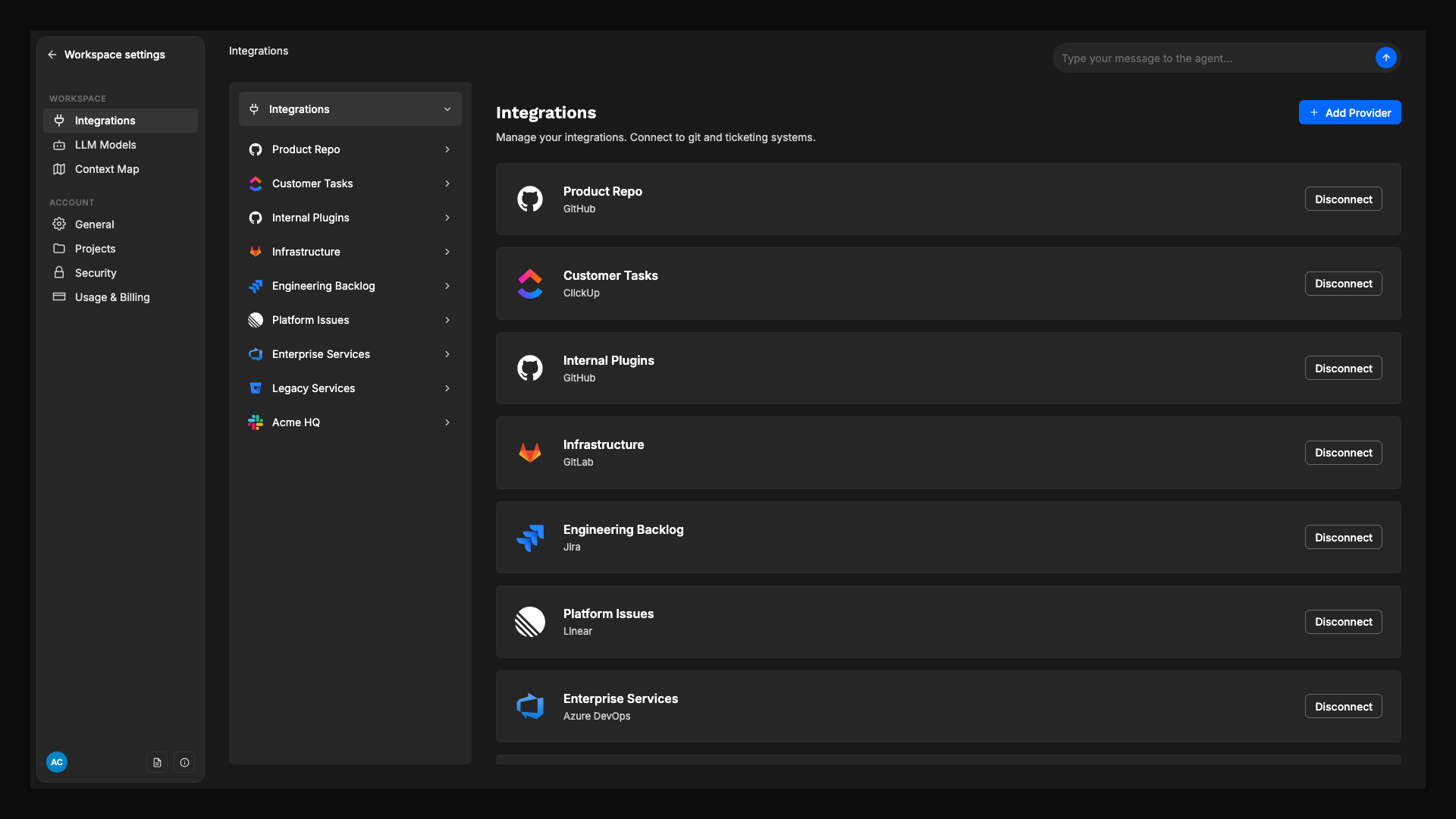 The workspace-level Integrations page: connected provider organizations (GitHub, ClickUp, GitLab, Jira, Linear, Azure DevOps, Slack) listed as cards with a Disconnect button, alongside a left-rail of all orgs grouped under the Integrations tree.