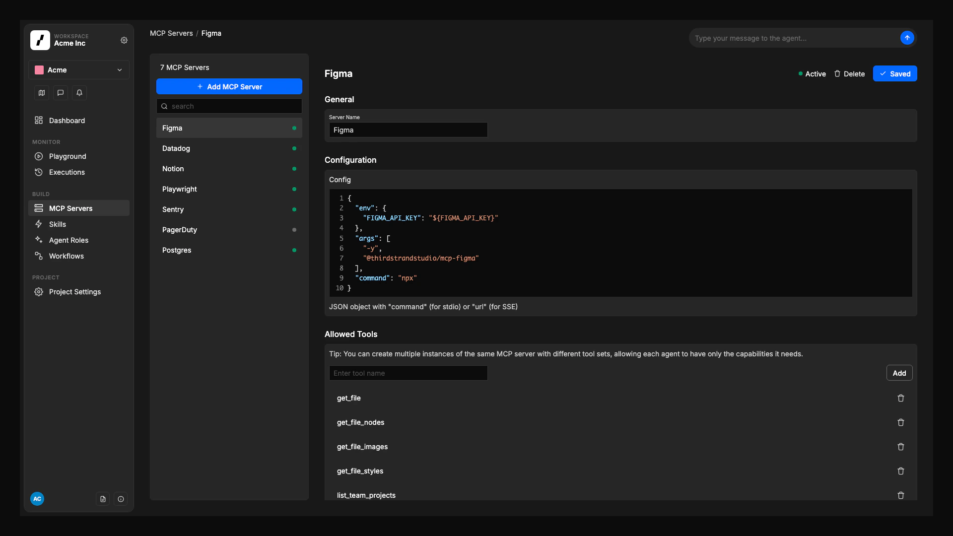 The MCP Servers page: a left rail of installed servers (Figma, Datadog, Notion, Playwright, Sentry, PagerDuty, Postgres) with the Figma server selected. The right pane shows General (server name), Configuration (a JSON stdio config), and an Allowed Tools list (get_file, get_file_nodes, get_file_images, ...).