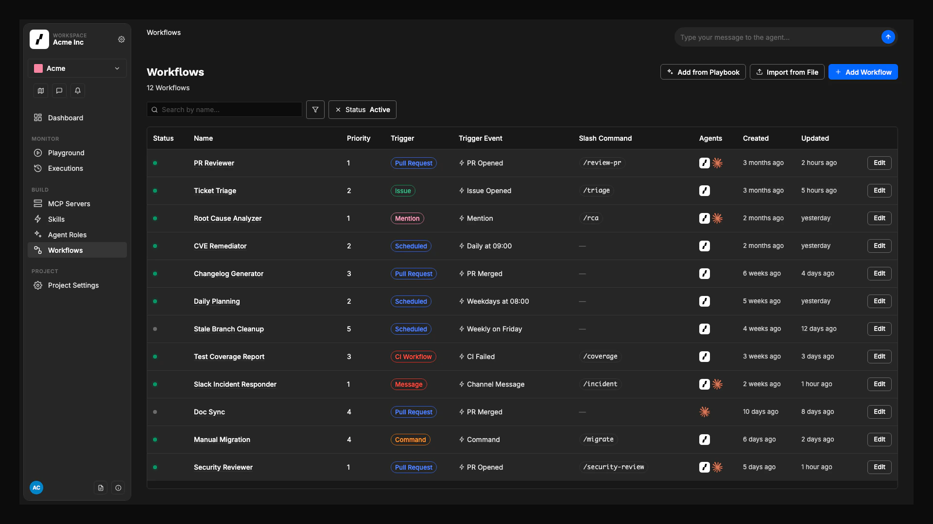 The Workflows page: a project's catalog of workflows (PR Reviewer, Ticket Triage, Root Cause Analyzer, CVE Remediator, Changelog Generator, Daily Planning, ...) with status, priority, trigger event, slash command, agents, and last-updated columns.