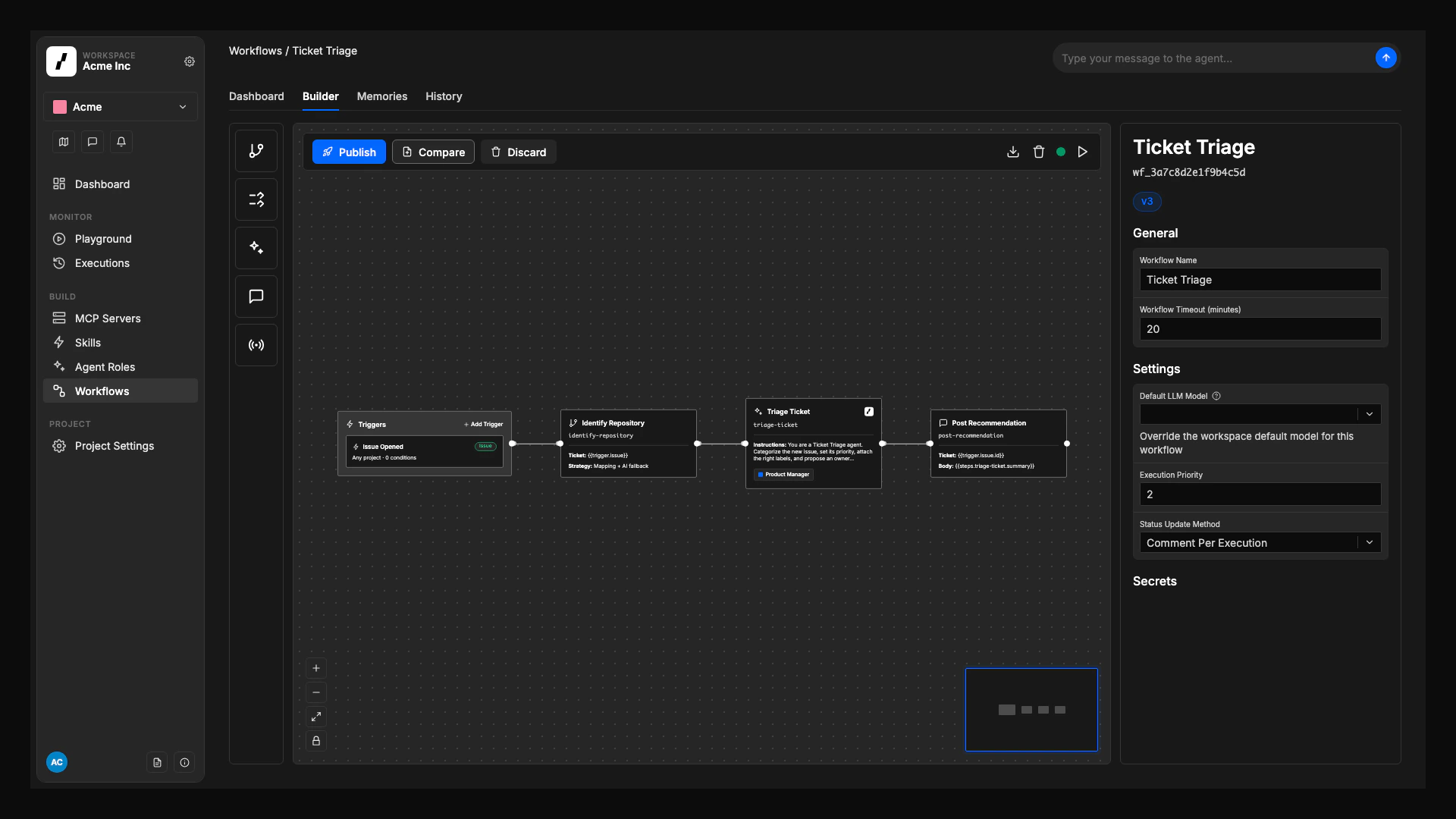 The Workflow Builder canvas for a Ticket Triage workflow: an Issue Opened trigger feeds an Identify Repository step, a Triage Ticket agent.run, and a Post Recommendation step, with workflow-level settings on the right.