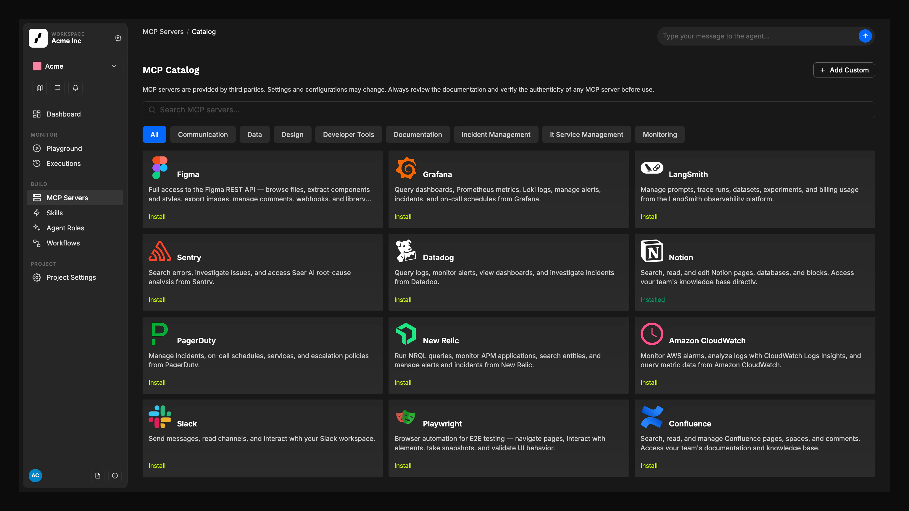 MCP Catalog in the Overcut workspace
