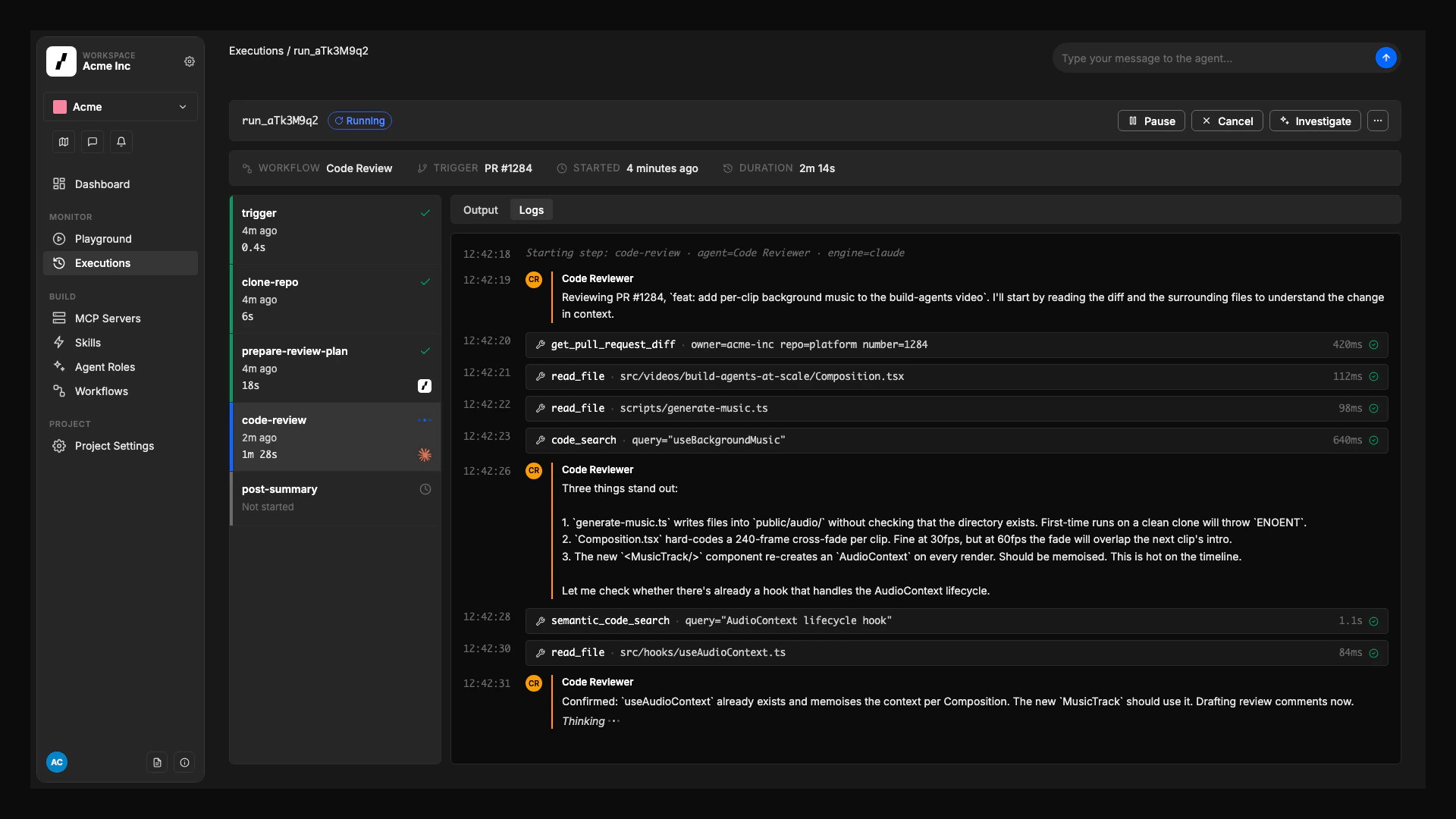 A Code Review run in progress: step list on the left, Code Reviewer agent reading the diff and reasoning about it in the log stream on the right.