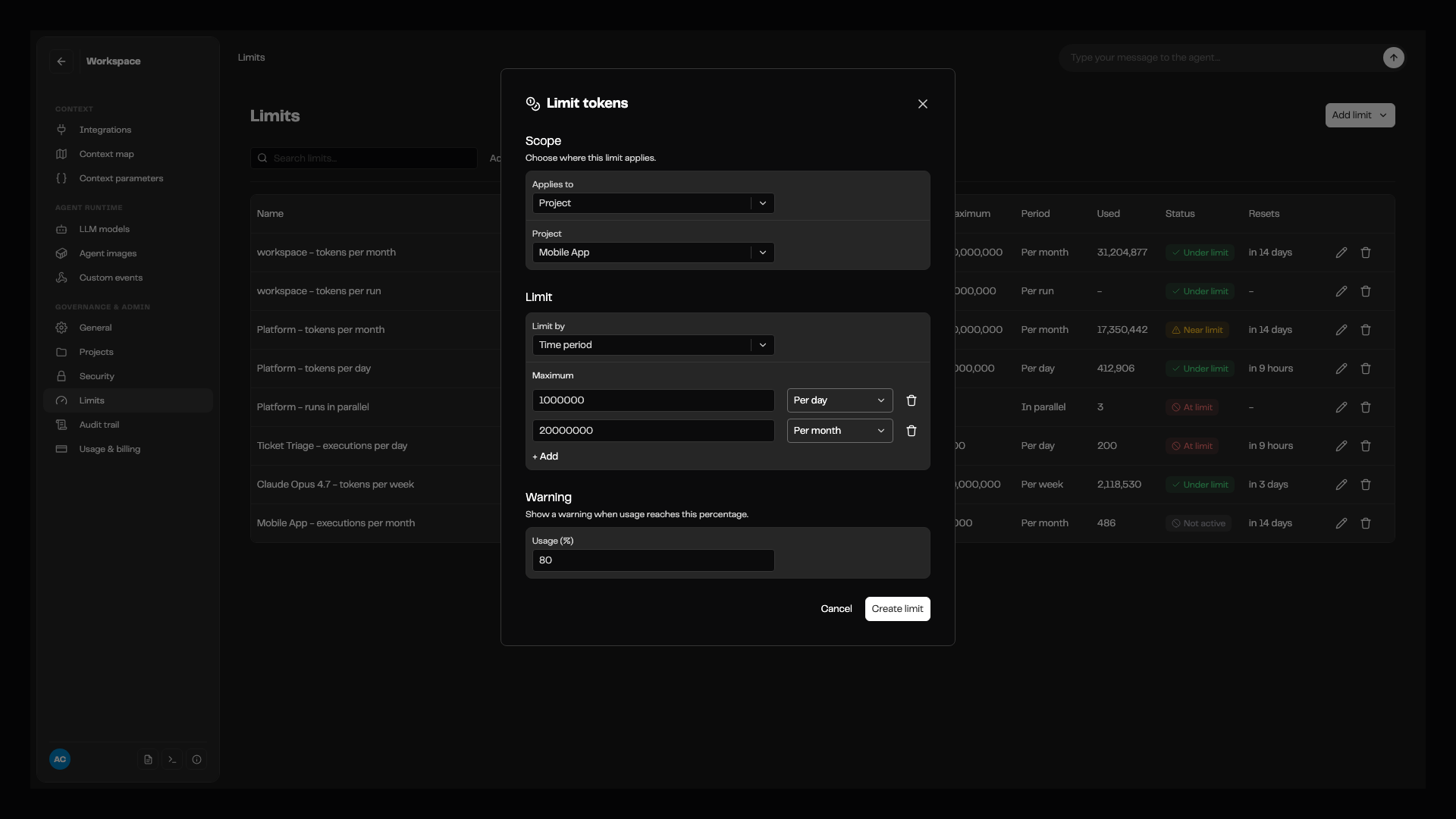 The Limit tokens dialog open over the Limits page. Applies to is set to Project and the project is Mobile App. Limit by is Time period, with a maximum of 1000000 per day and 20000000 per month. The warning Usage (%) is 80. Cancel and Create limit buttons are at the bottom.