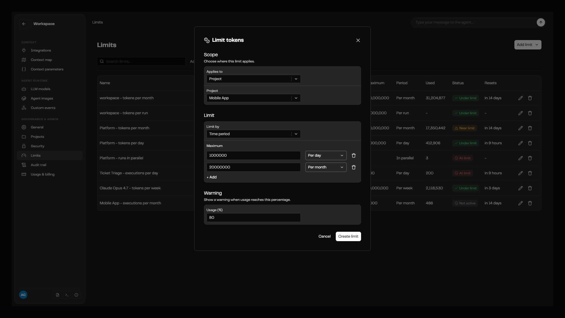 The Limit tokens dialog open over the Limits page. Applies to is set to Project and the project is Mobile App. Limit by is Time period, with a maximum of 1000000 per day and 20000000 per month. The warning Usage (%) is 80. Cancel and Create limit buttons are at the bottom.