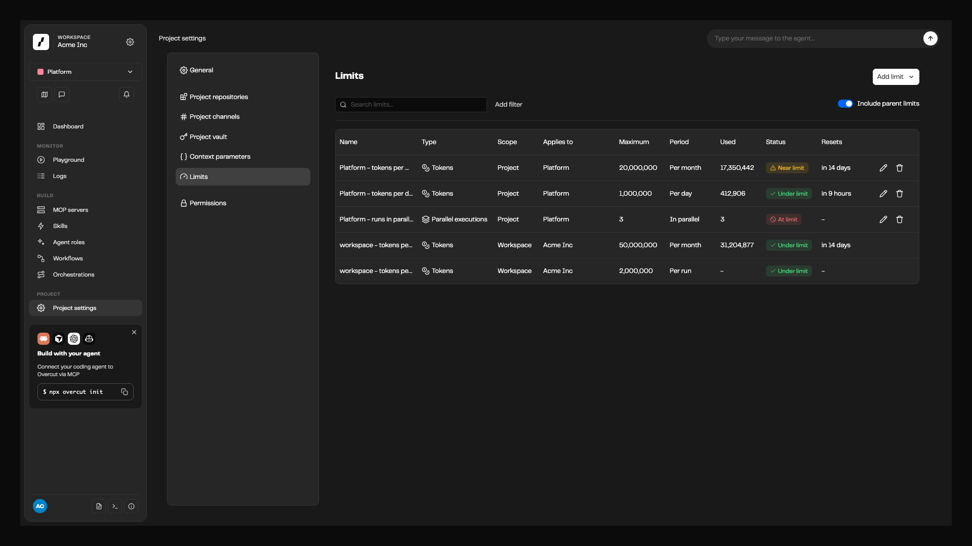 Project settings for the Platform project with the Limits tab selected. Include parent limits is on, and the table lists the project's three limits with edit and remove icons, followed by two workspace limits without them.
