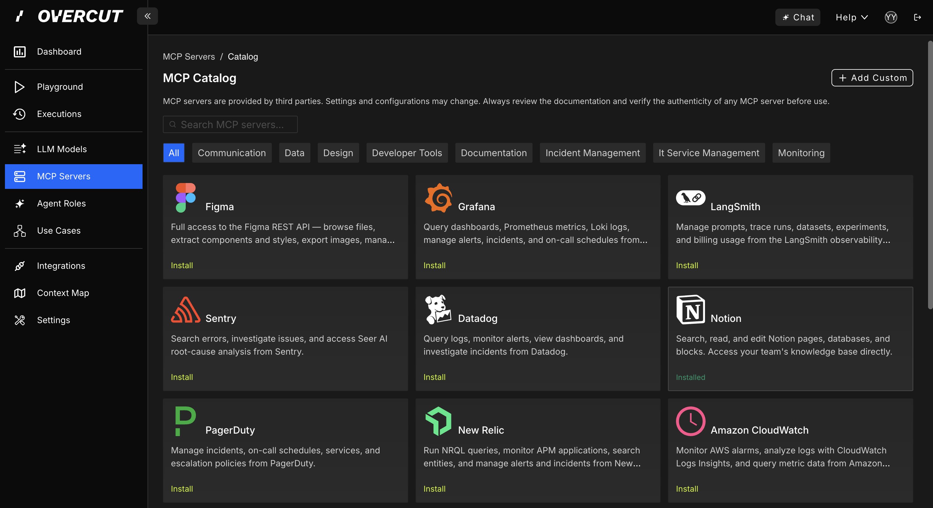 MCP Catalog in the Overcut workspace