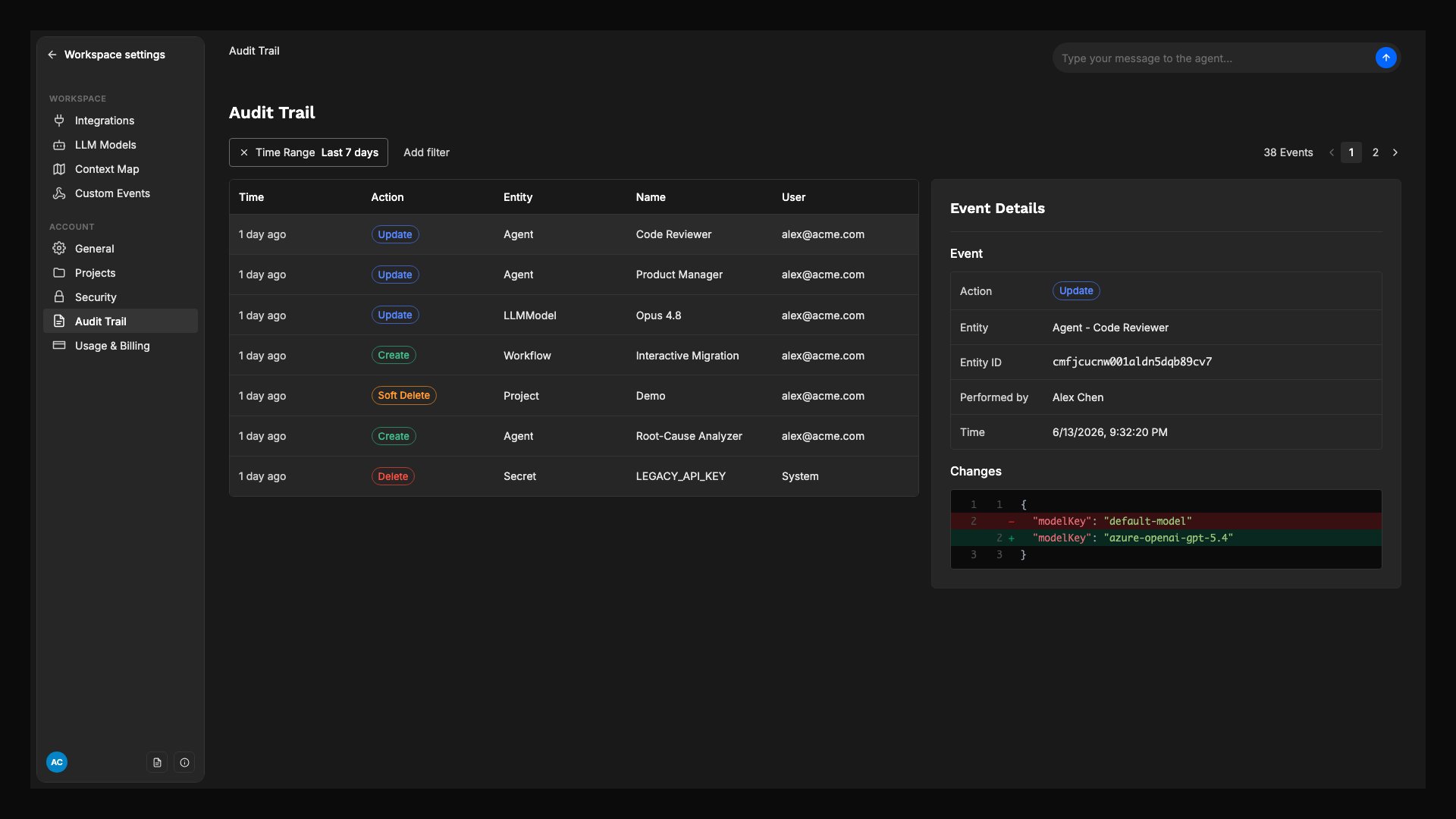 The Audit Trail page in workspace settings, showing a table of events with action, entity, name, performed-by, and time columns, and an Event Details panel with a before and after JSON diff for an agent model change.