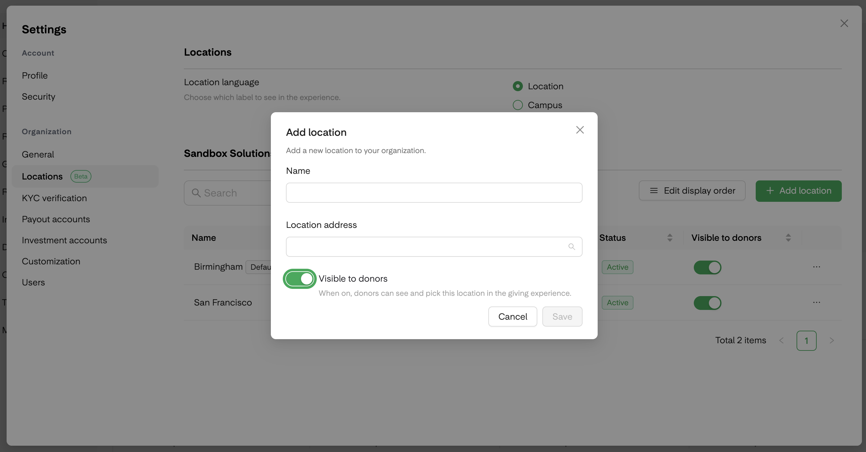 Add a location dialog in Overflow settings