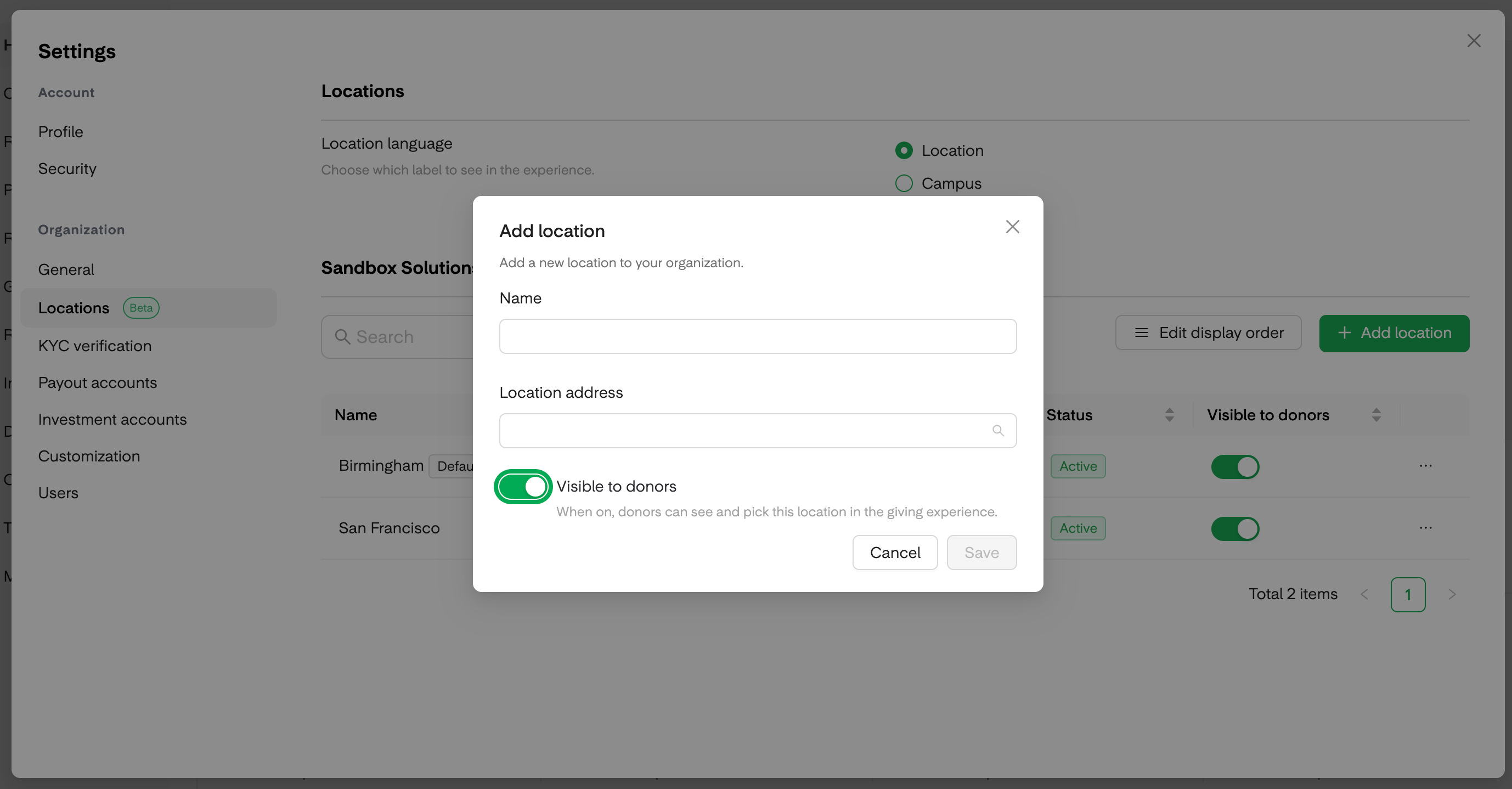 Add a location dialog in Overflow settings