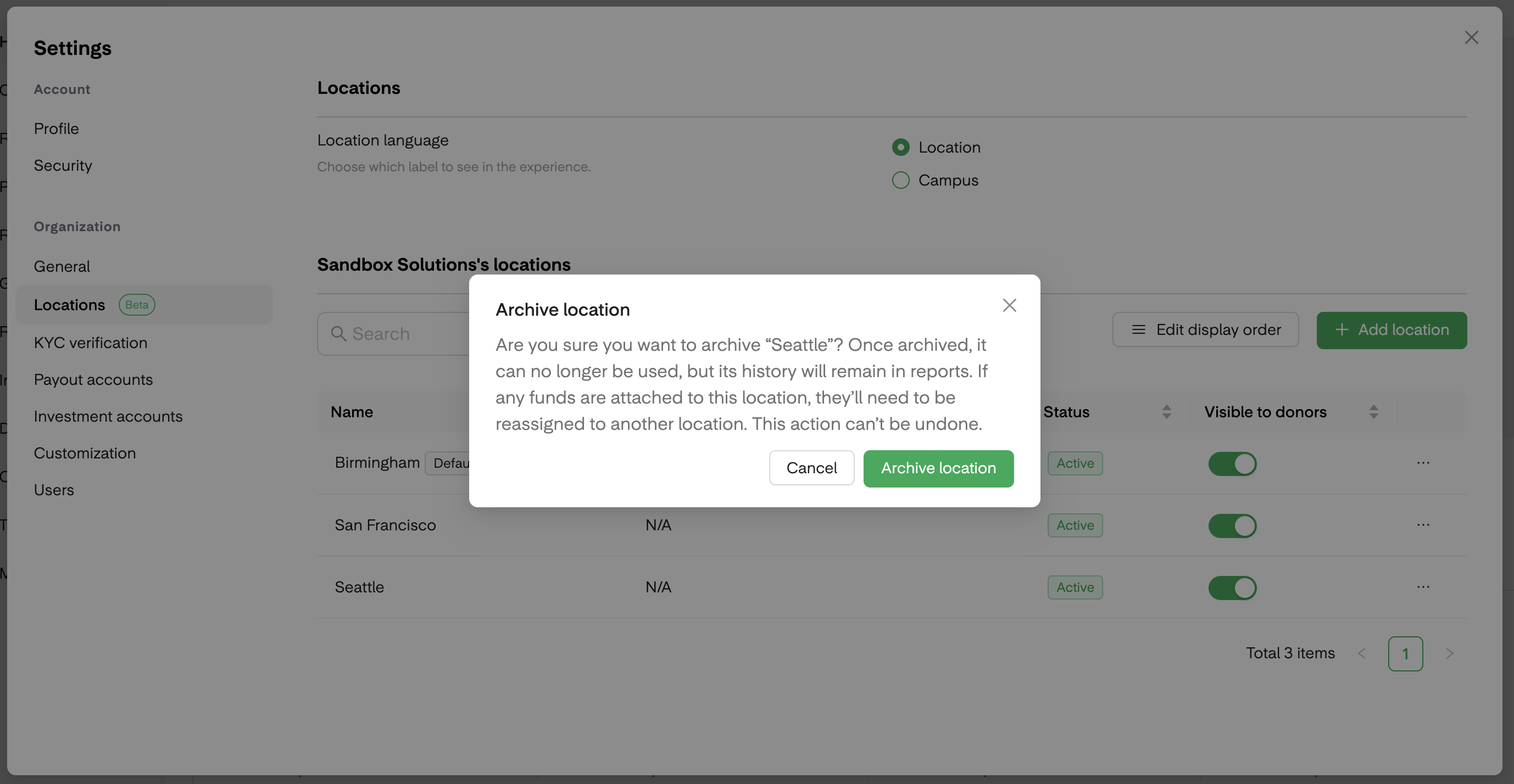 Archive location confirmation dialog