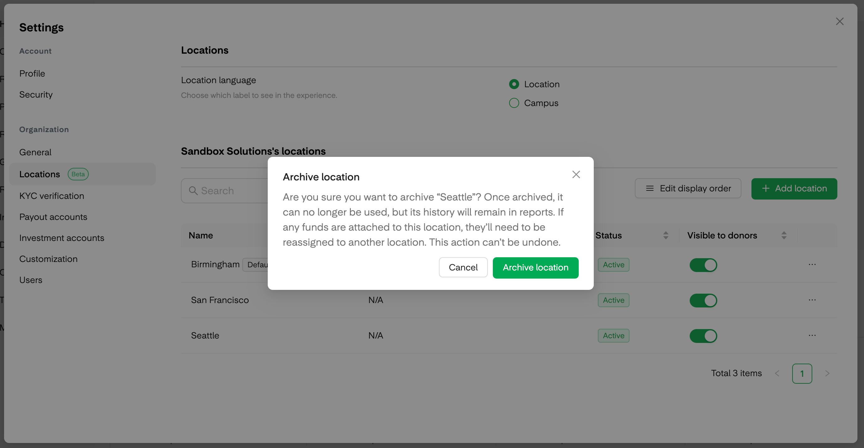 Archive location confirmation dialog