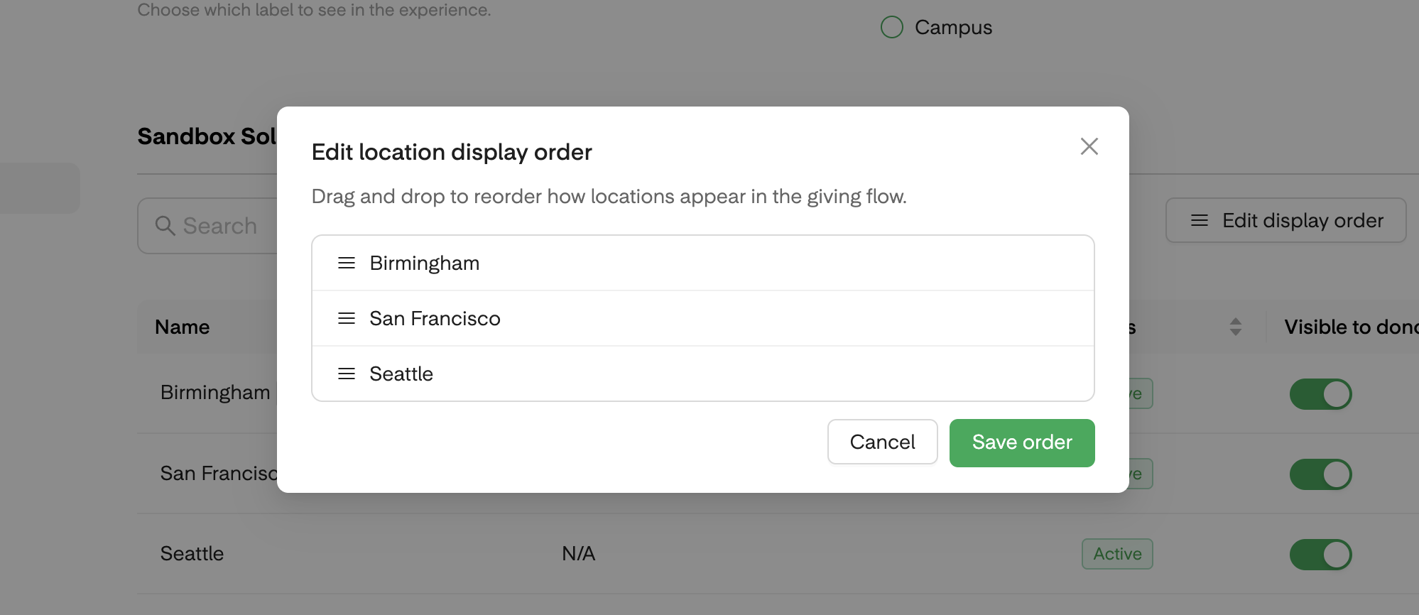 Edit location display order dialog