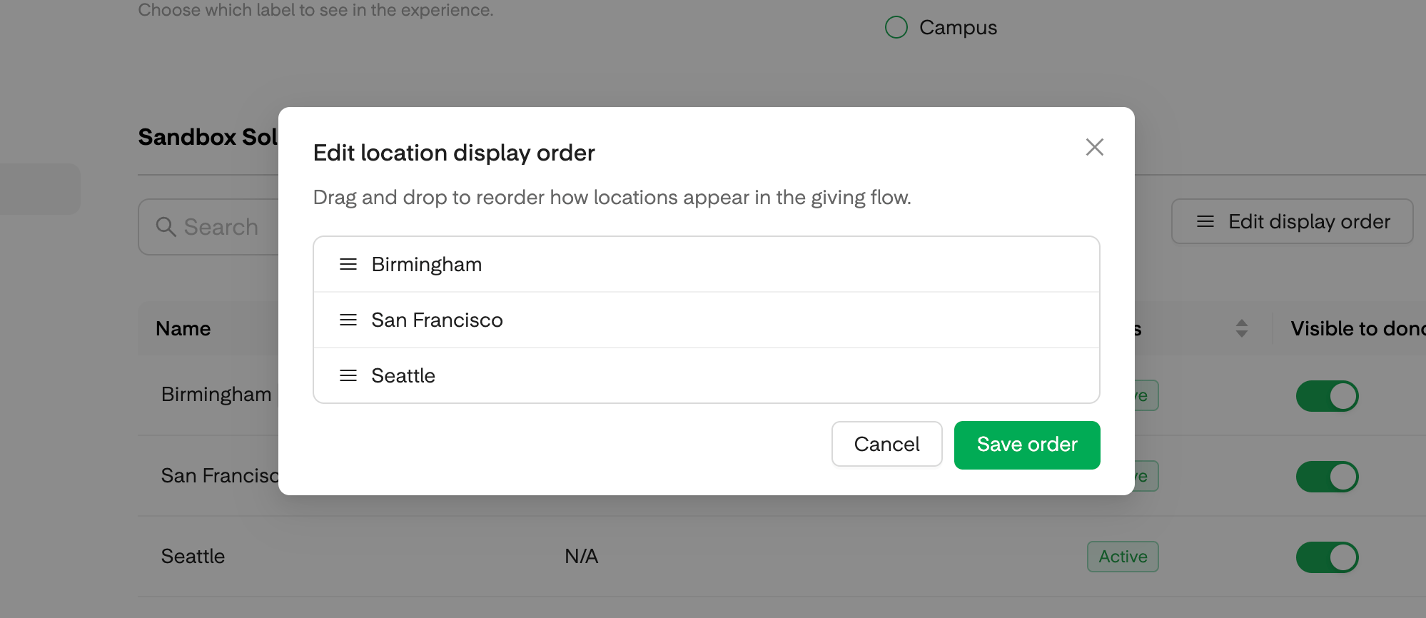Edit location display order dialog