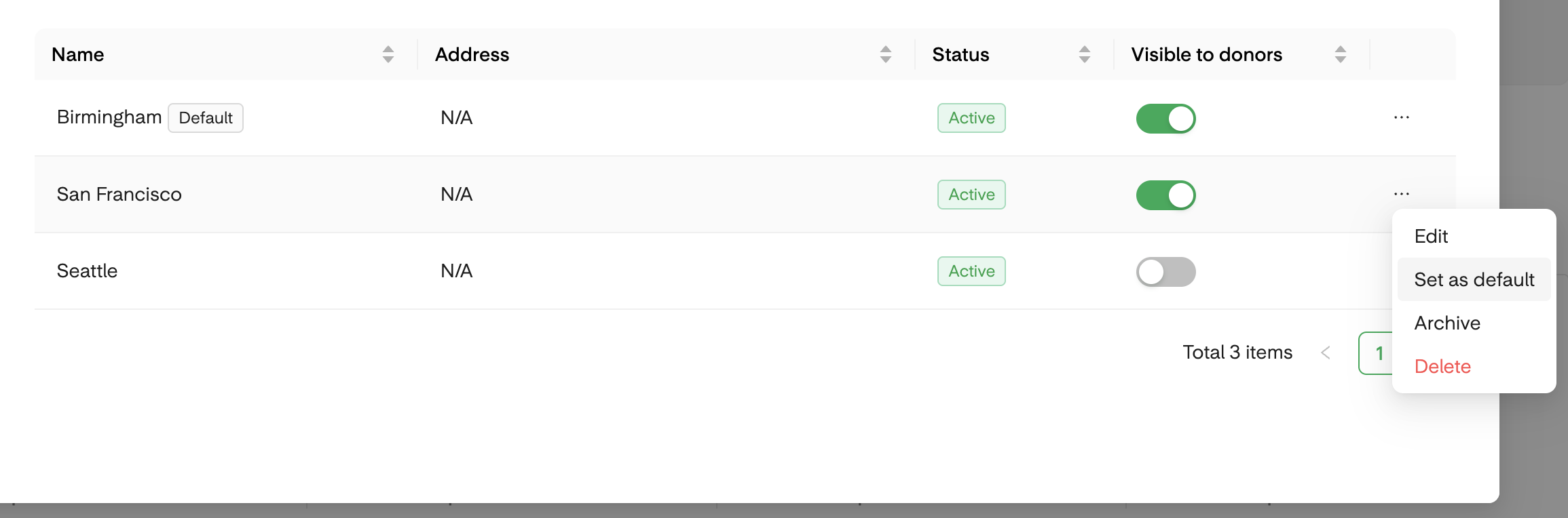 Row actions menu showing Set as default option