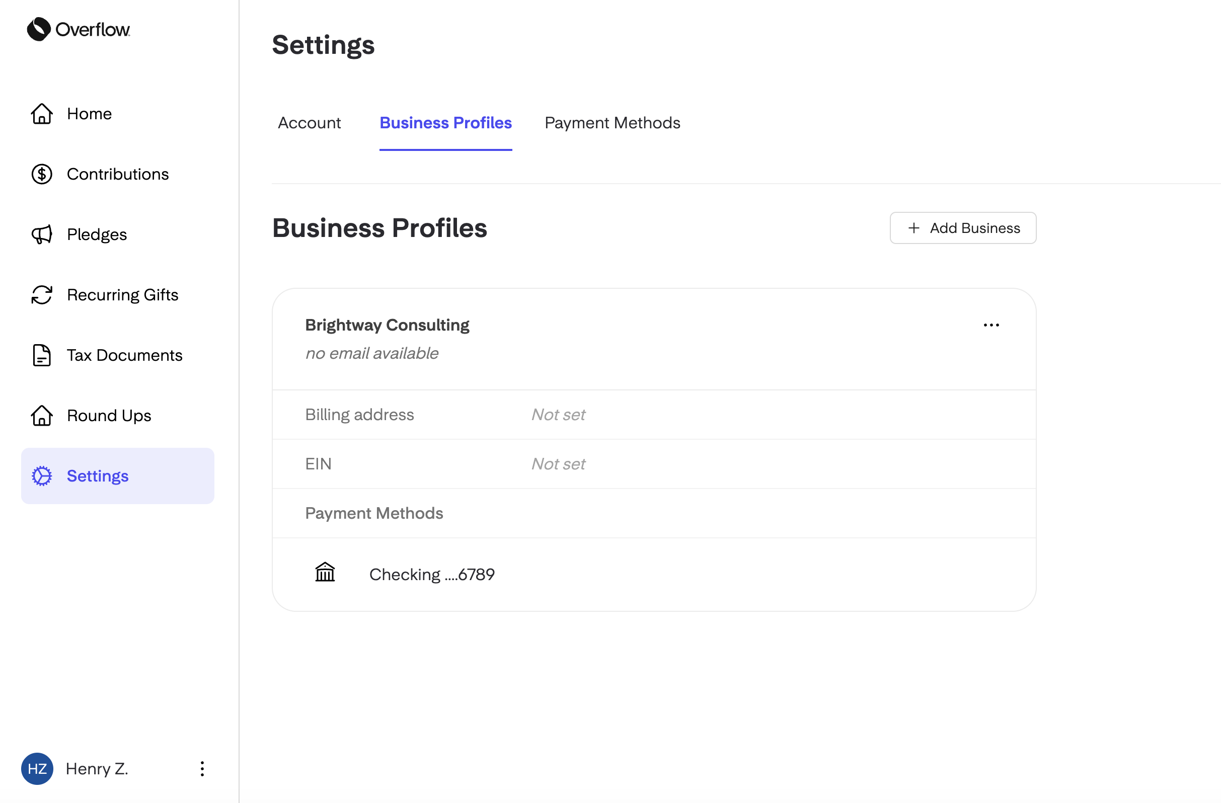 Manage businesses in account settings