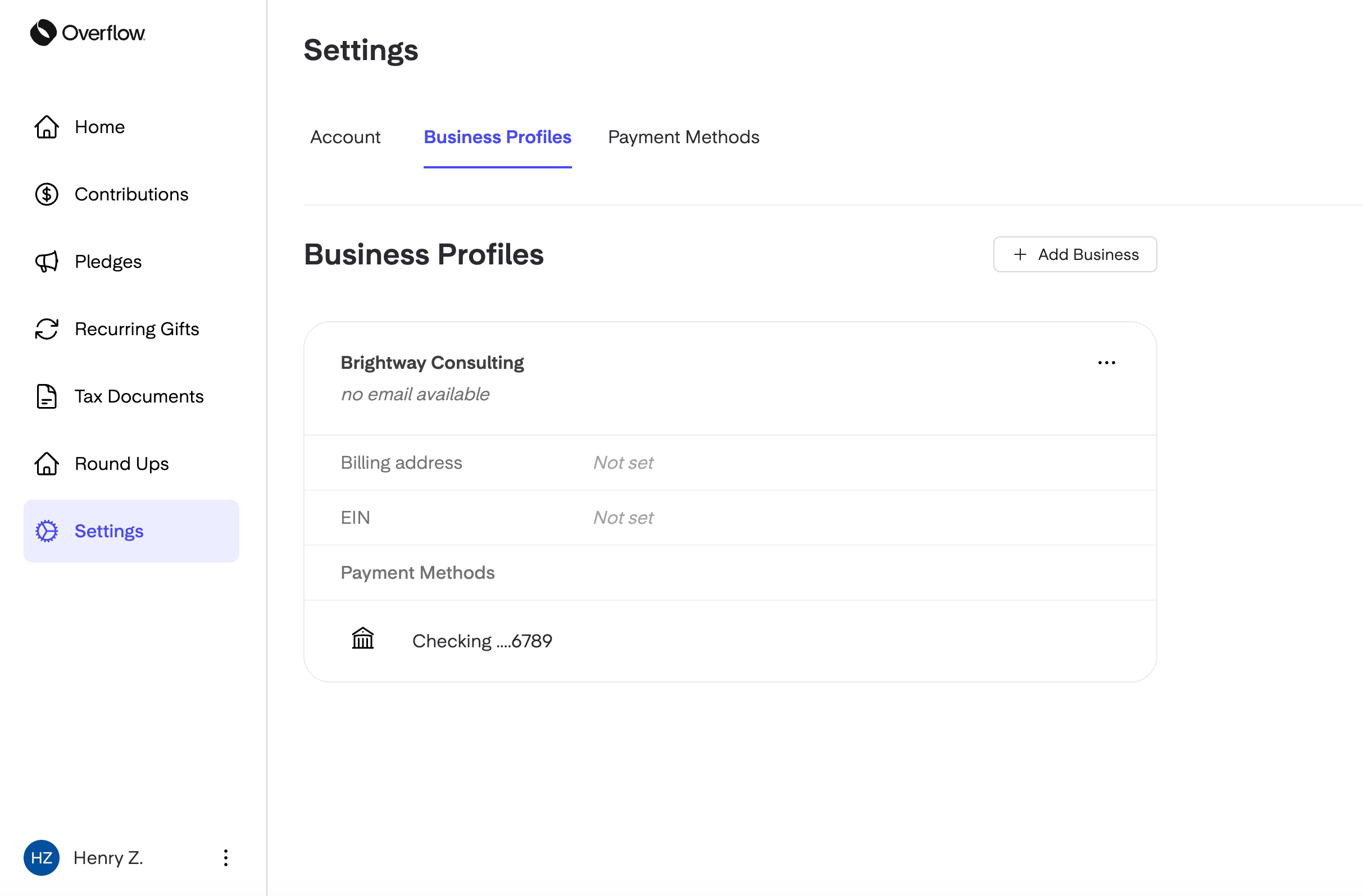 Manage businesses in account settings