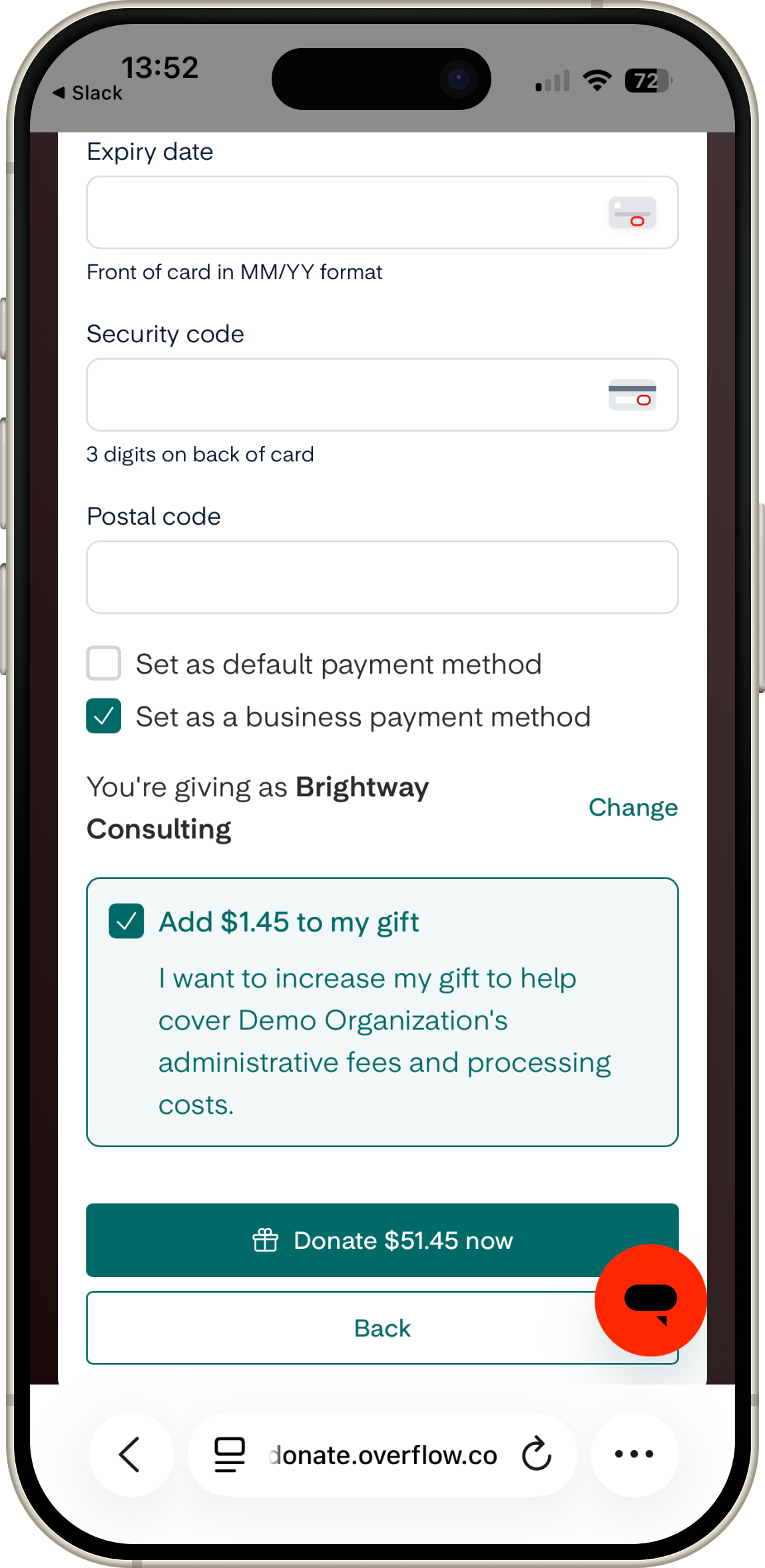 Mark a gift as business during giving