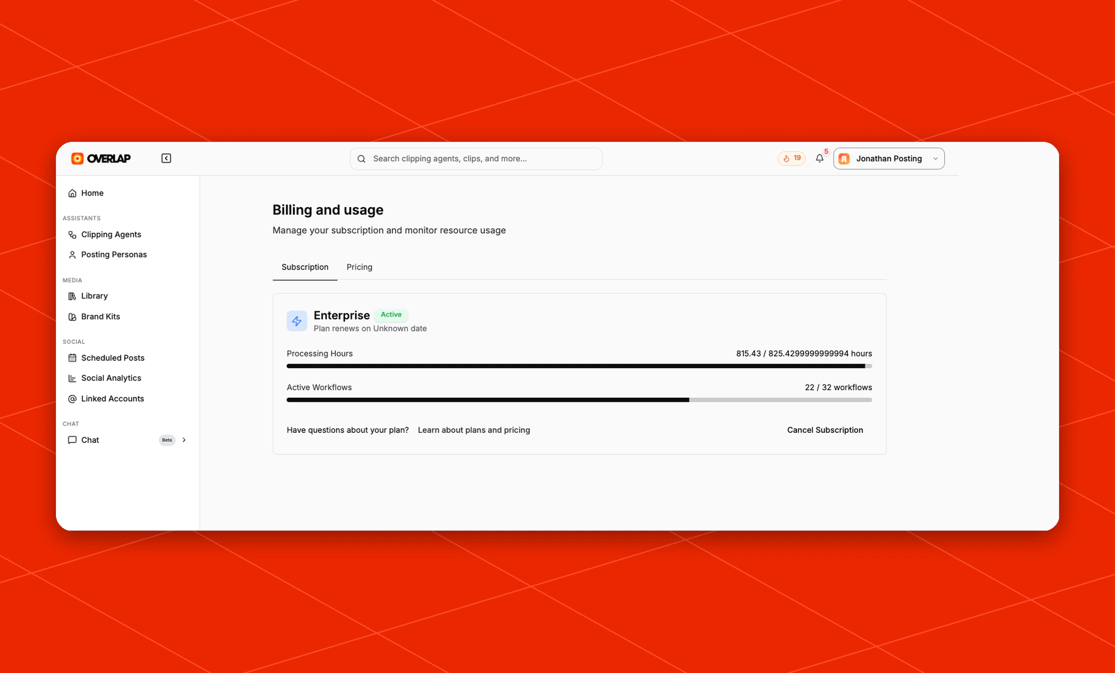 Billing and usage page