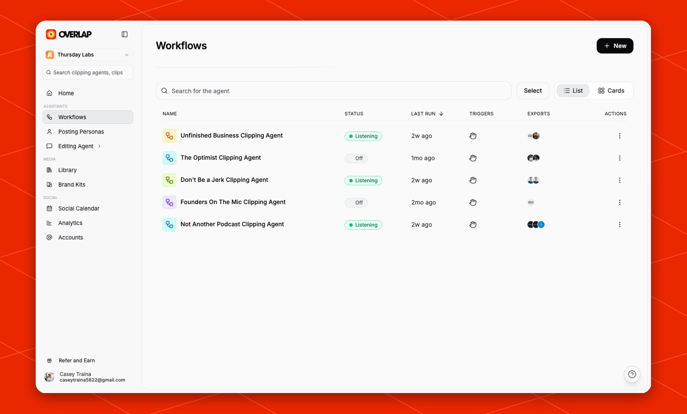 Current workflows list