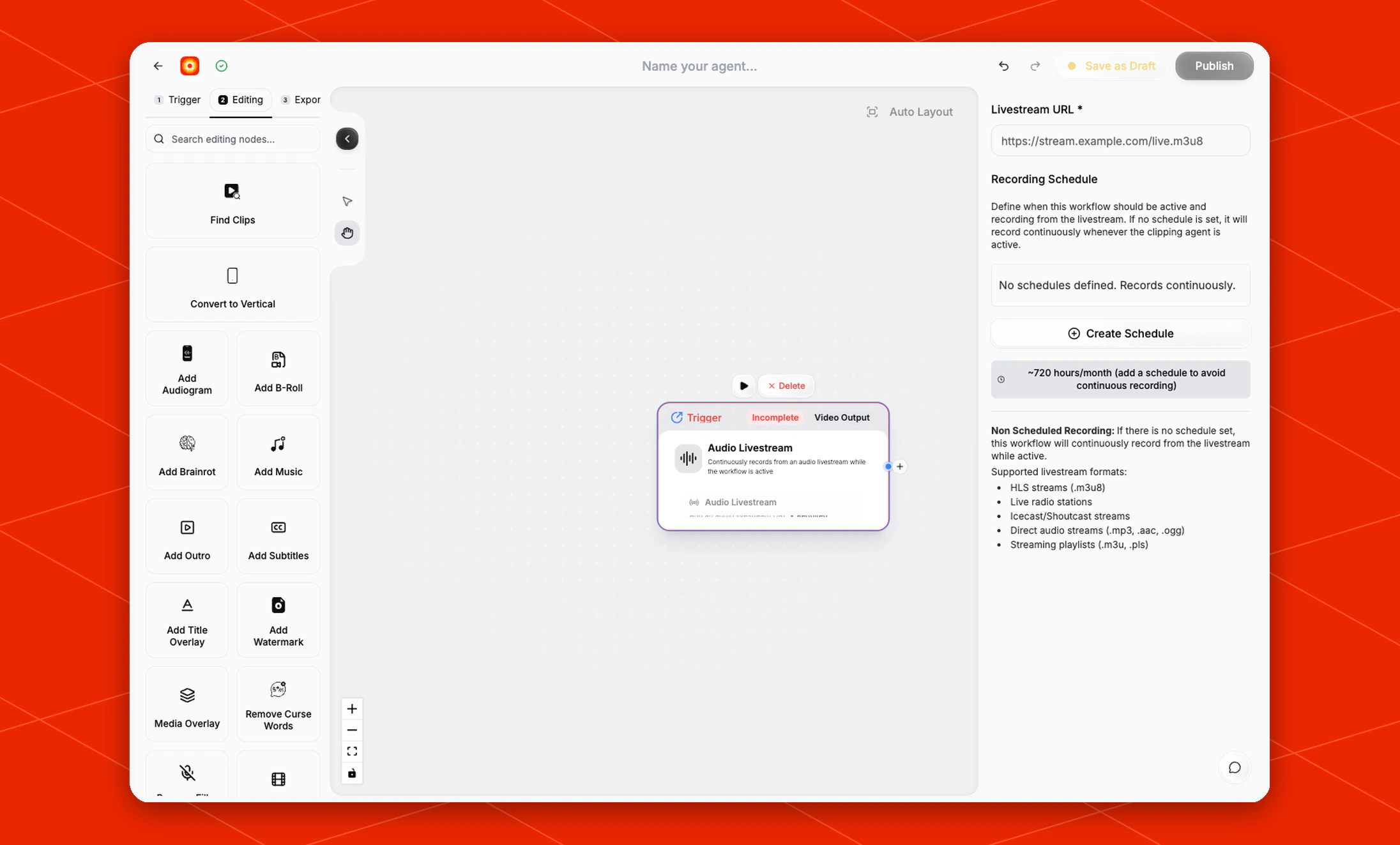 Audio Livestream node settings panel