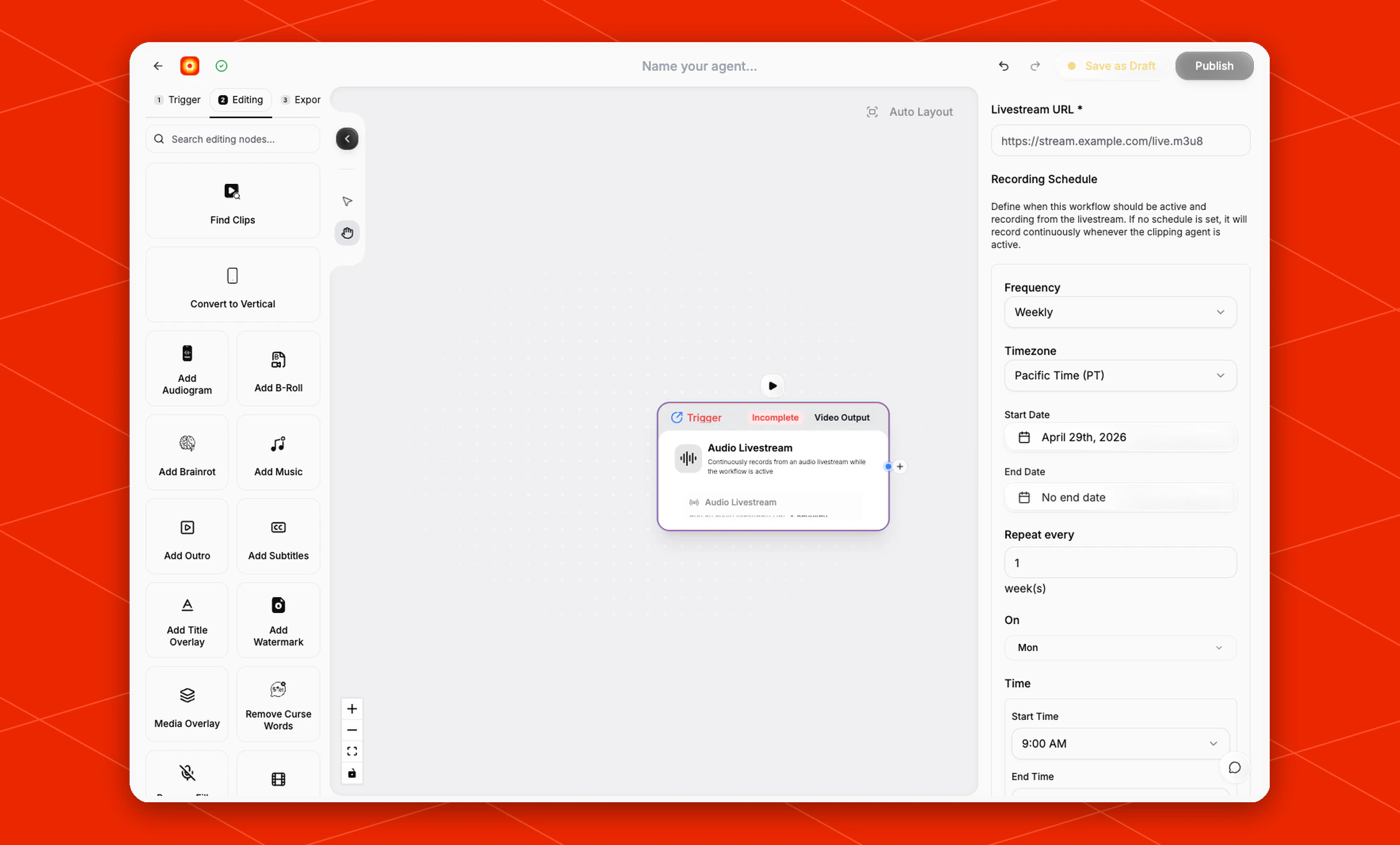 Audio Livestream recording schedule settings