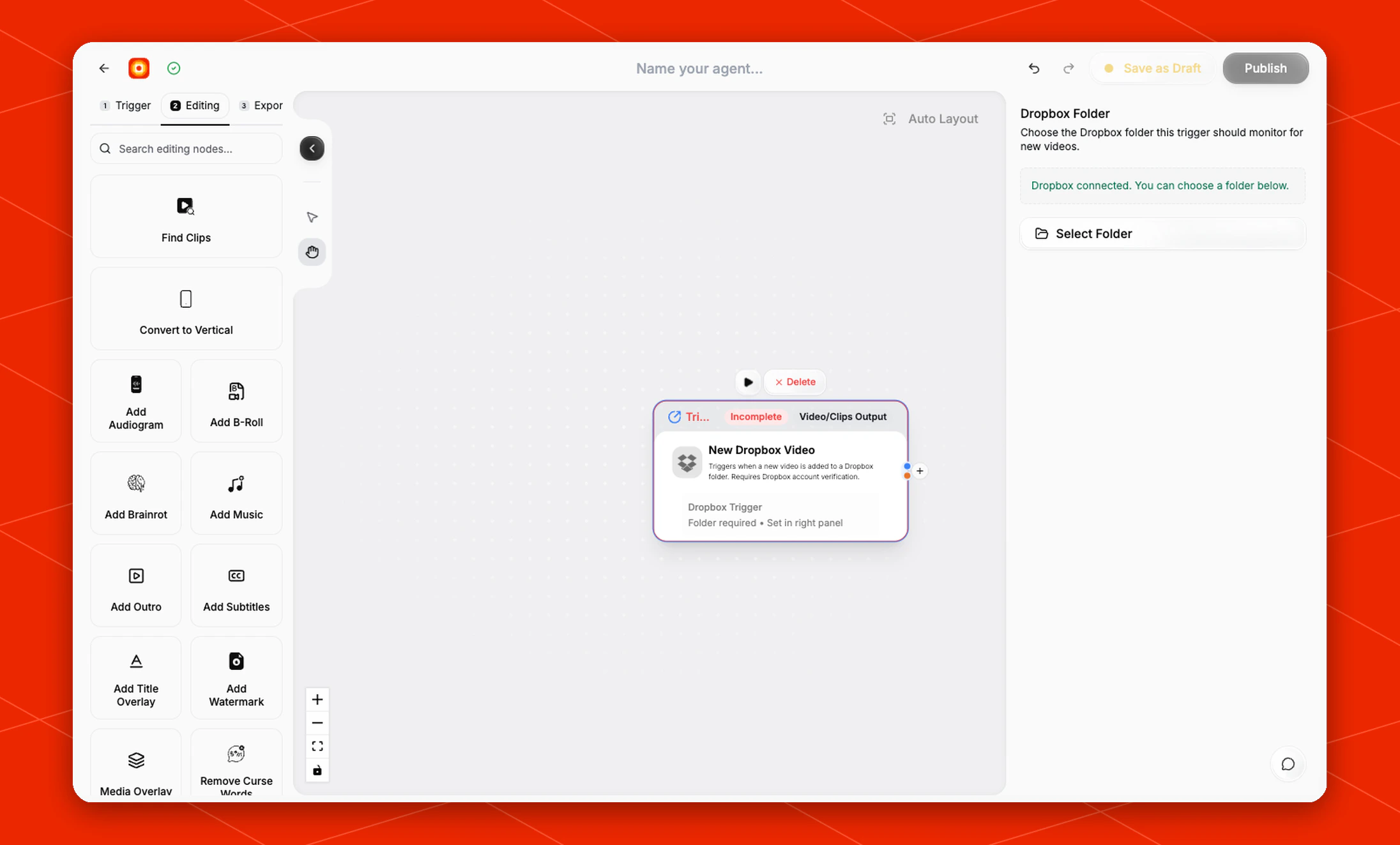 New Dropbox Video node settings panel