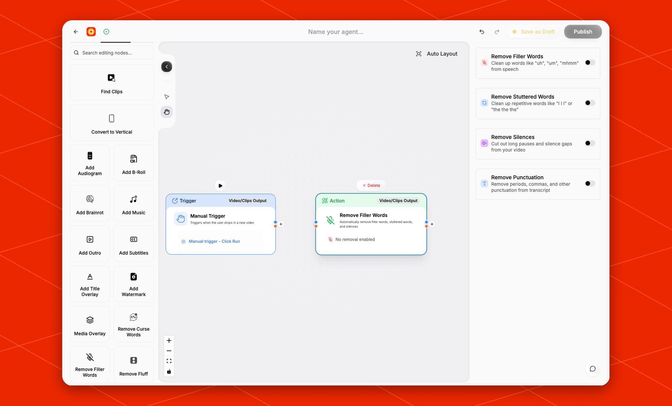 Remove Filler Words node settings panel
