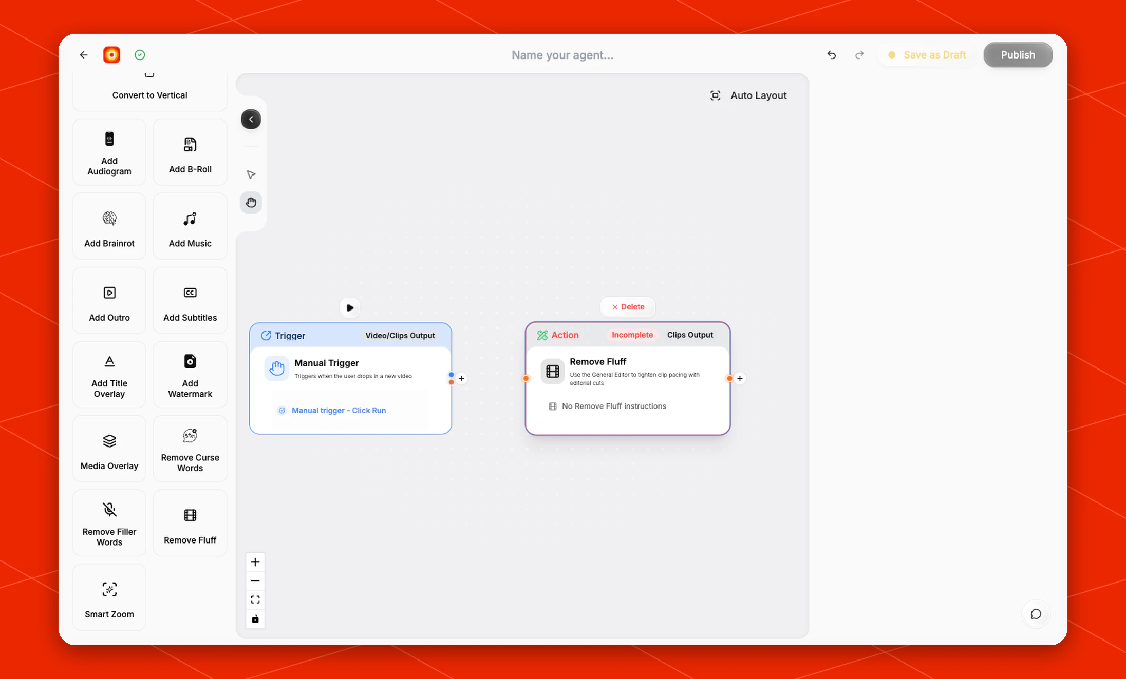 Remove Fluff node on the workflow canvas