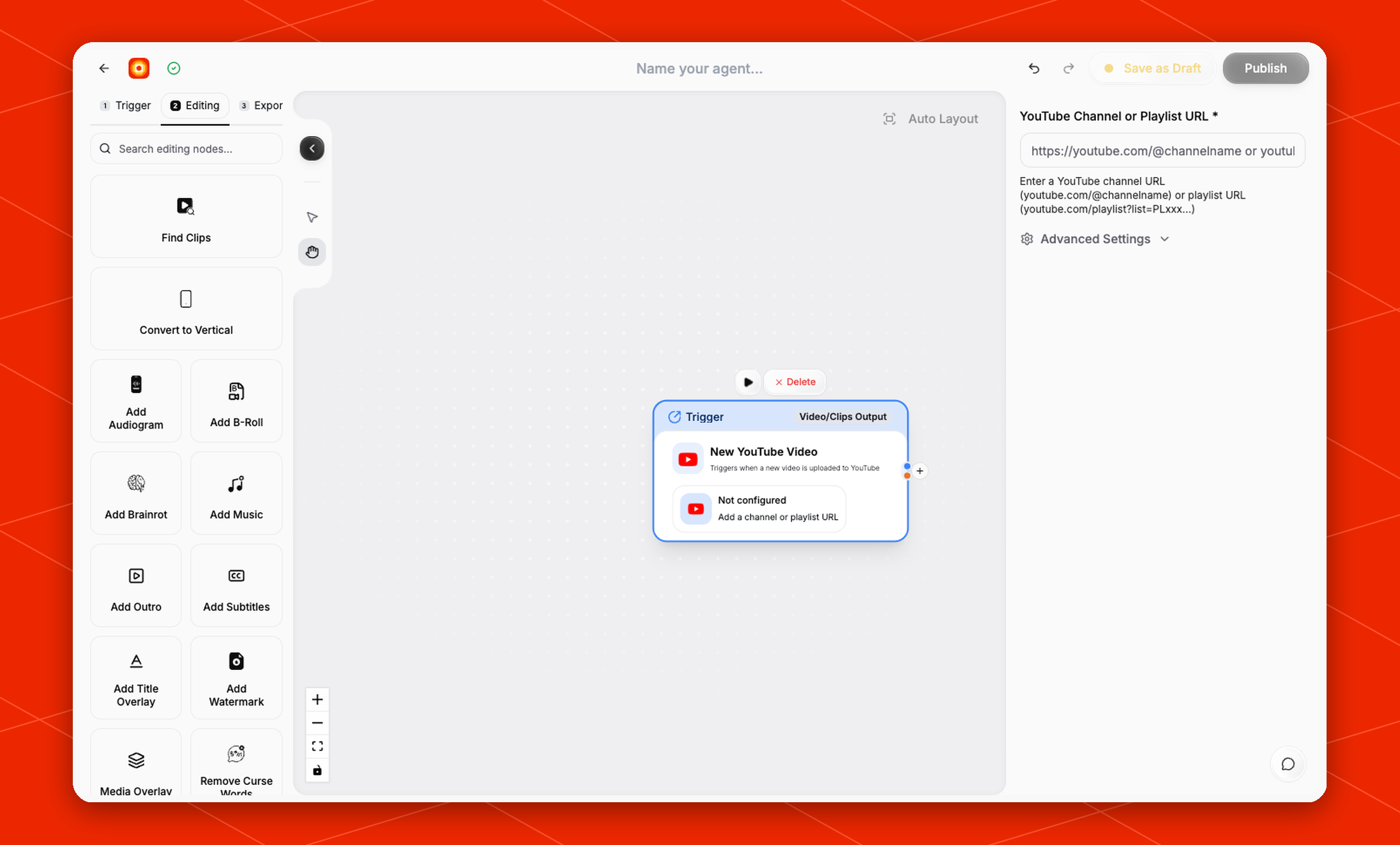 New YouTube Video node settings panel