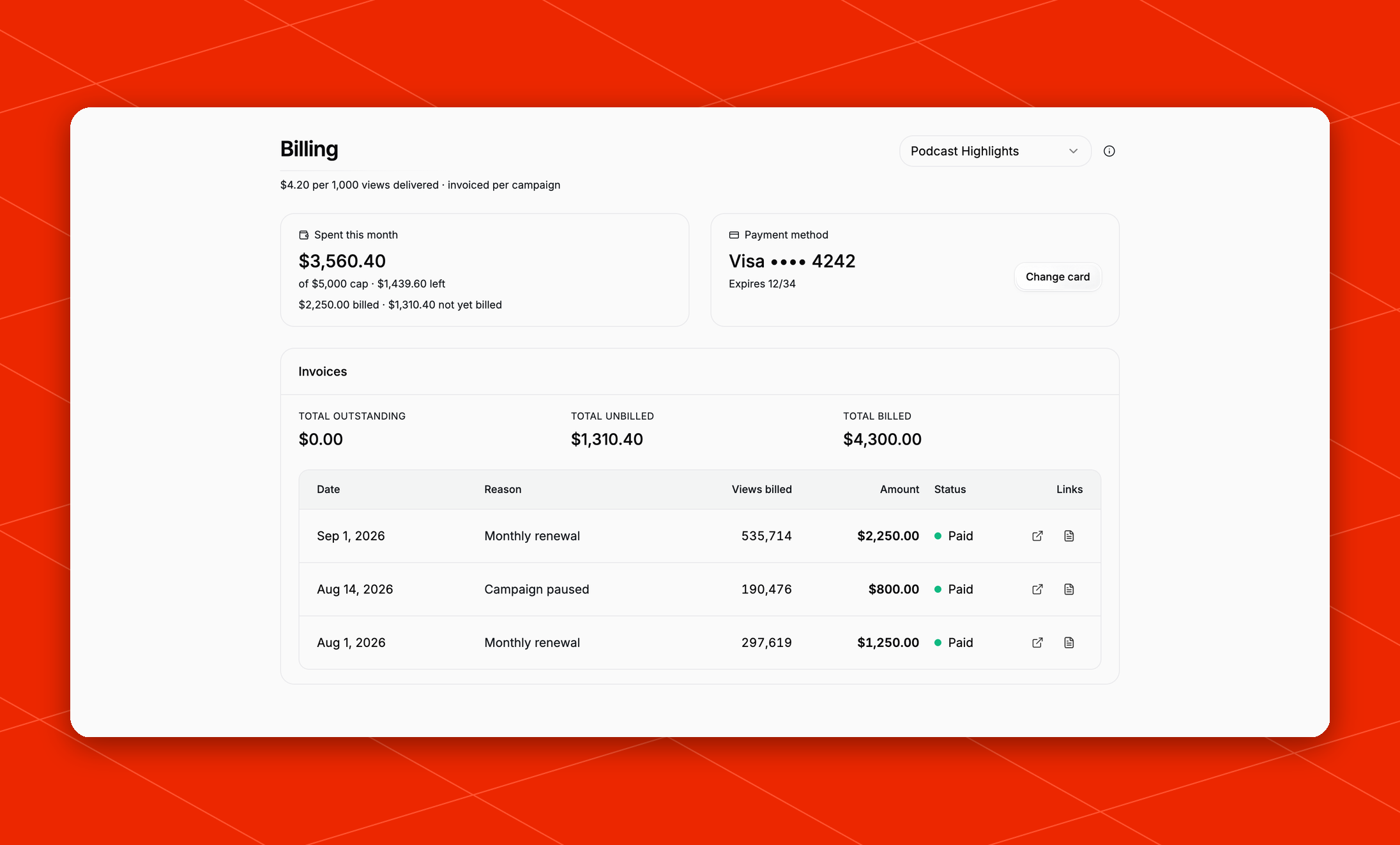 Billing page showing this month's spend against the cap, the card on file, and a table of paid invoices