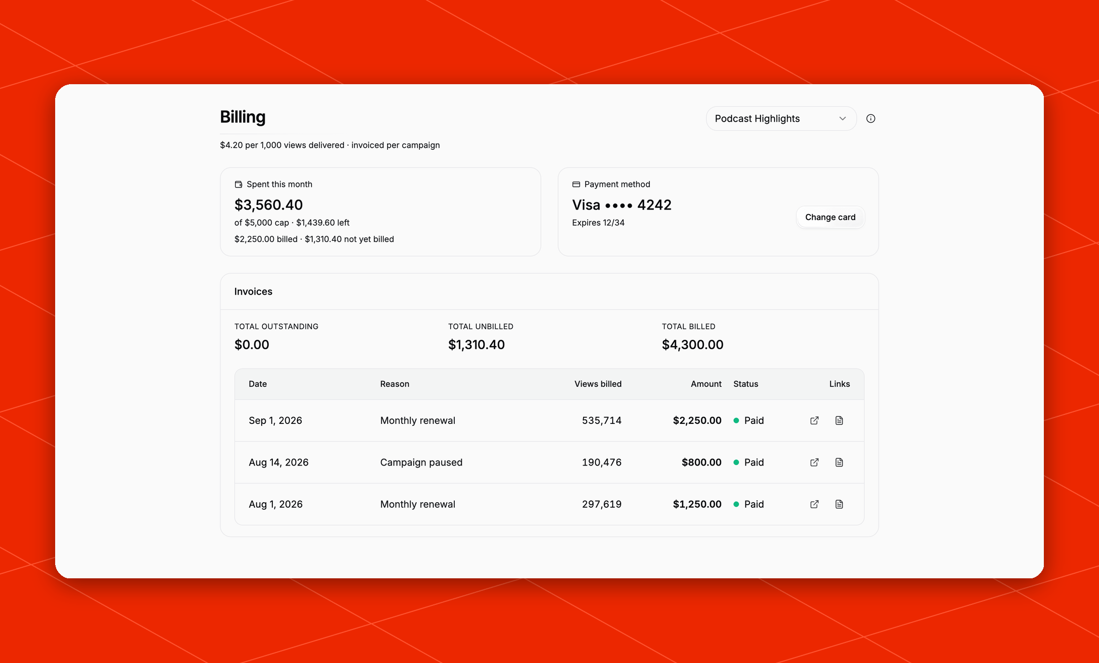 Billing page showing this month's spend against the cap, the card on file, and a table of paid invoices
