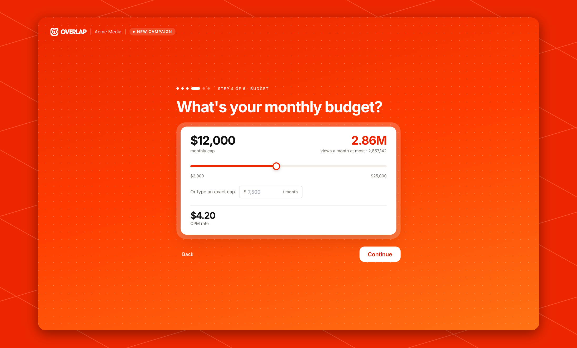 Budget step with a monthly cap slider, the most views the cap buys, and the CPM rate